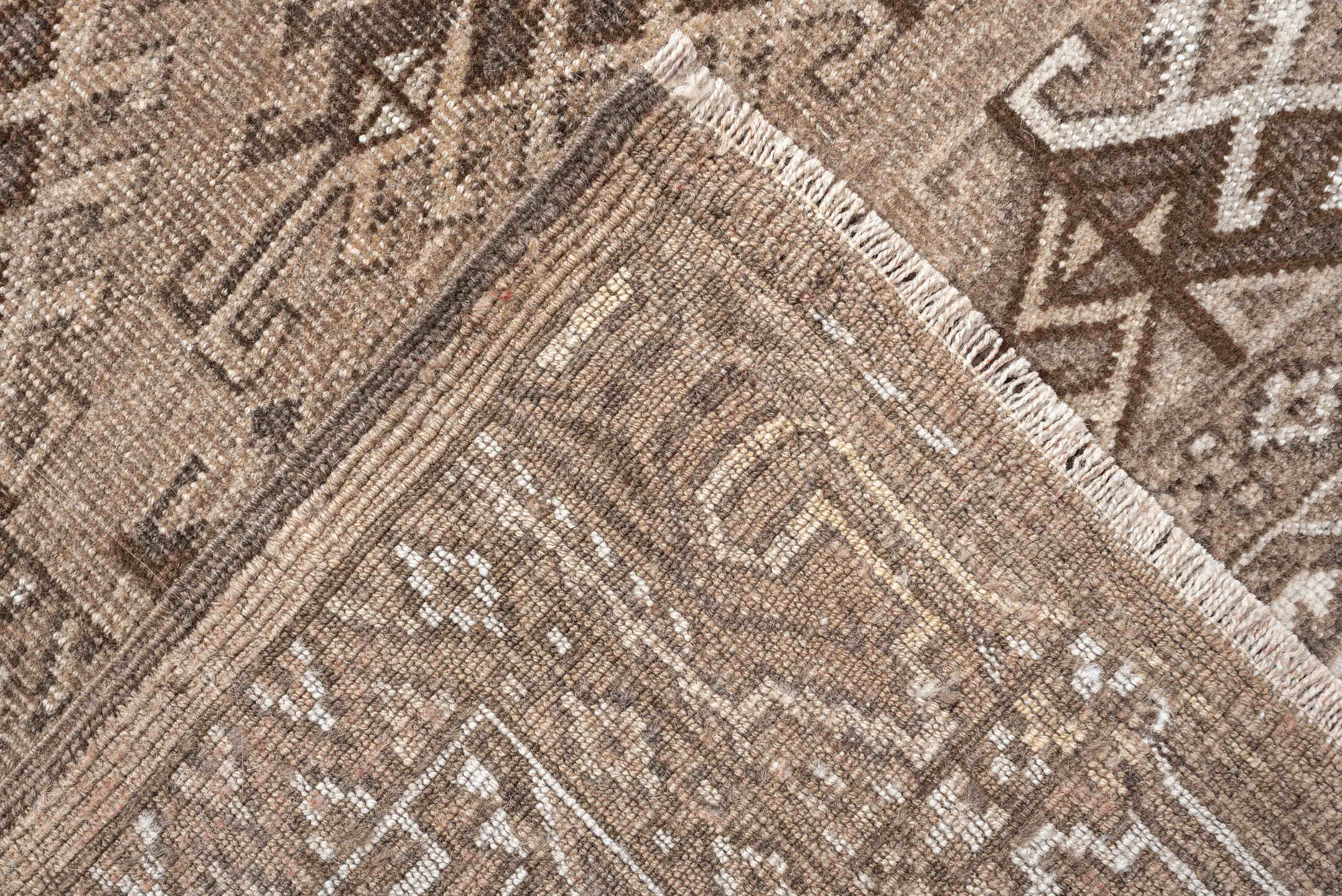 6' x 9' one-of-a-kind handmade antique Yamoud large size rug. Color palette: taupe, camel, ivory, brown, sand, charcoal