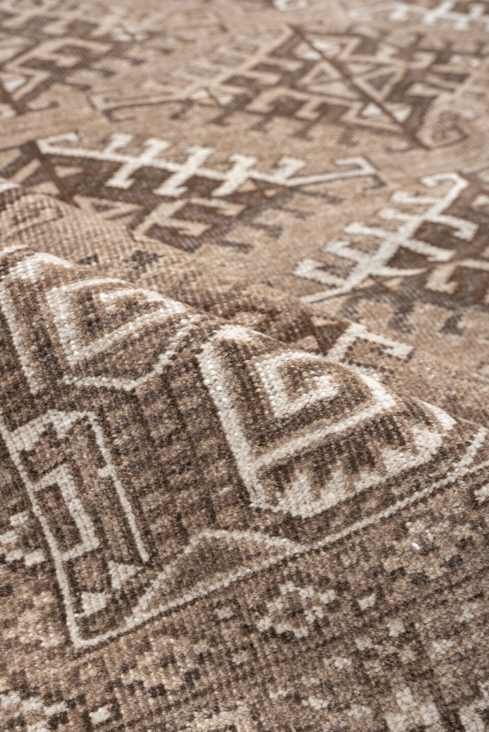 6' x 9' one-of-a-kind handmade antique Yamoud large size rug. Color palette: taupe, camel, ivory, brown, sand, charcoal