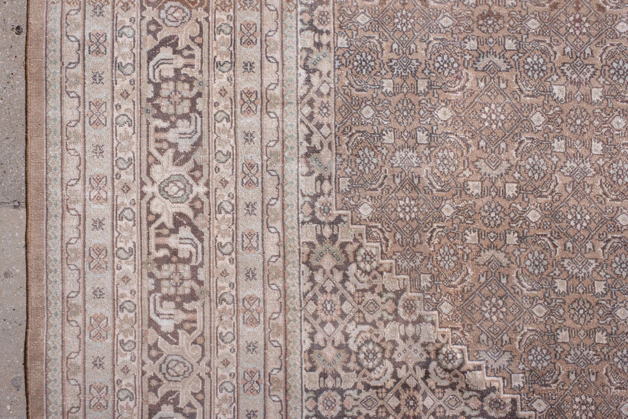 8' x 10' one-of-a-kind handmade vintage Tabriz large size rug. Color palette: taupe, blush, ivory, brown, rose, beige, gray