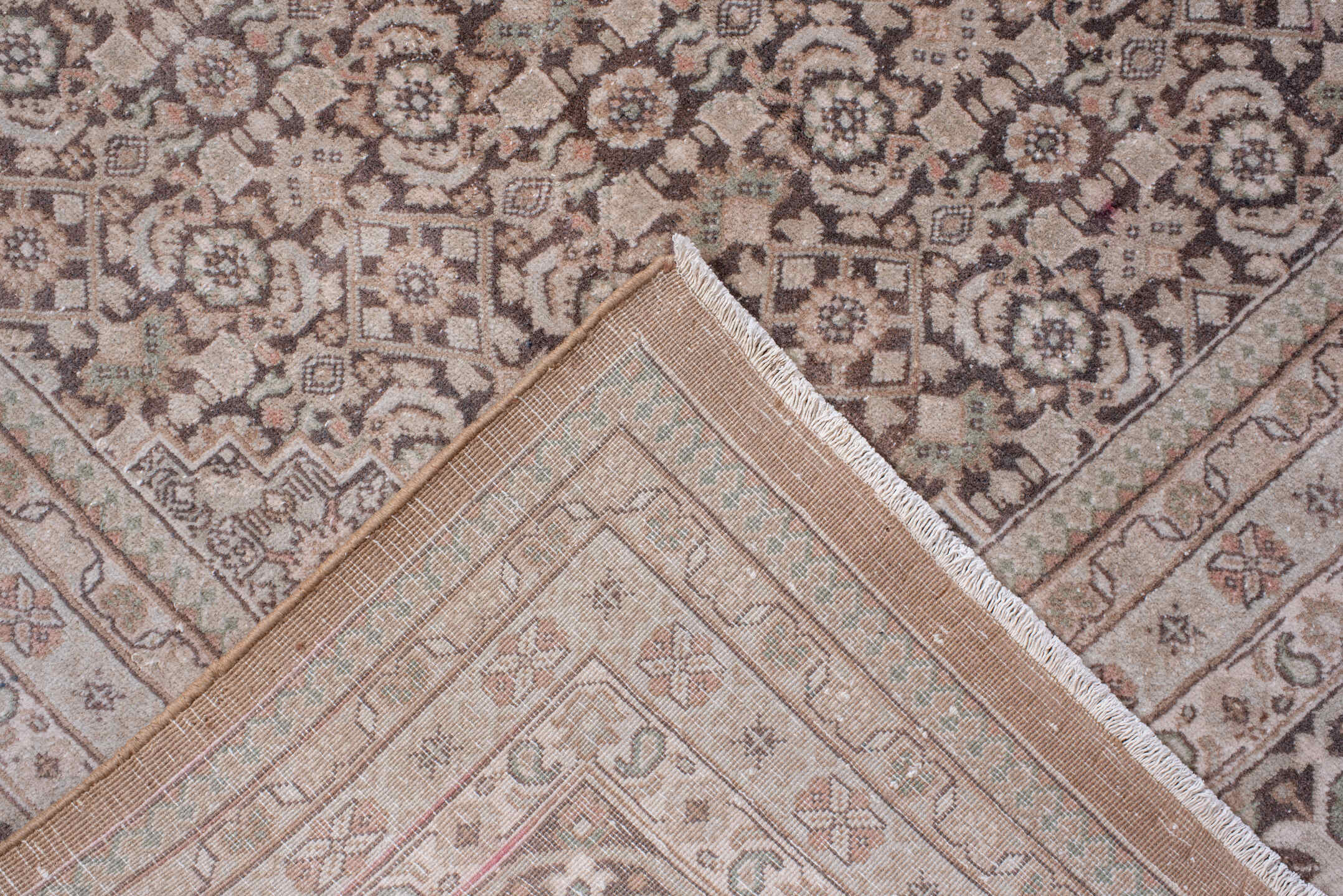 8' x 10' one-of-a-kind handmade vintage Tabriz large size rug. Color palette: taupe, blush, ivory, brown, rose, beige, gray