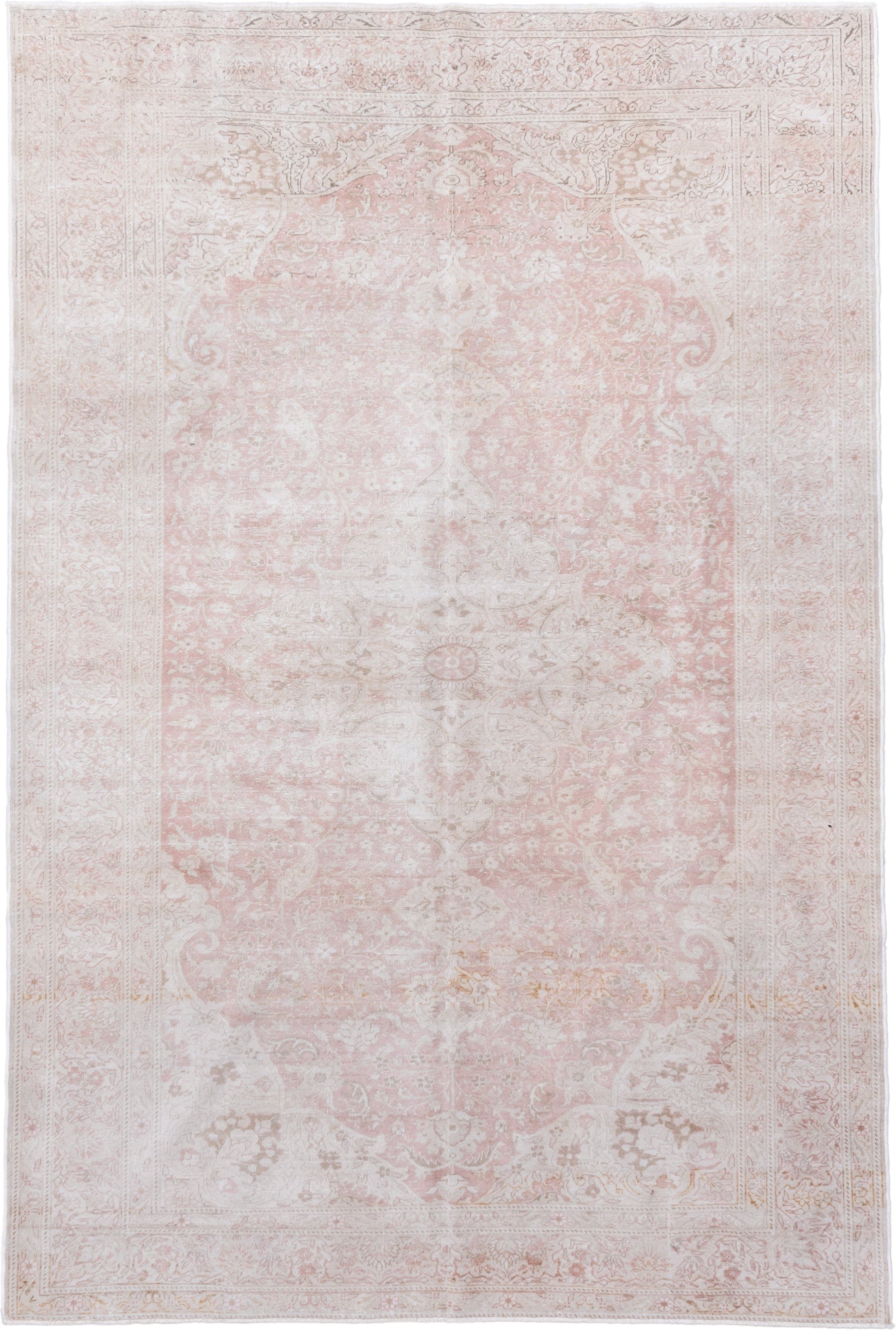 6' x 9' one-of-a-kind handmade vintage Kaisary medium size rug. Color palette: ivory, blush, pale pink, cream, taupe, beige