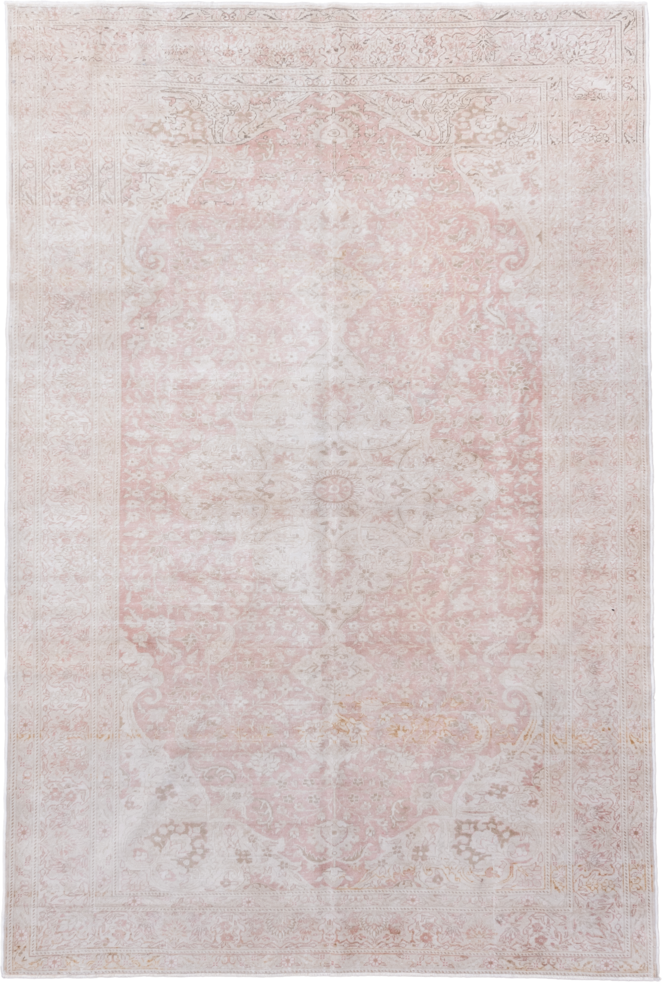 6' x 9' one-of-a-kind handmade vintage Kaisary medium size rug. Color palette: ivory, blush, pale pink, cream, taupe, beige