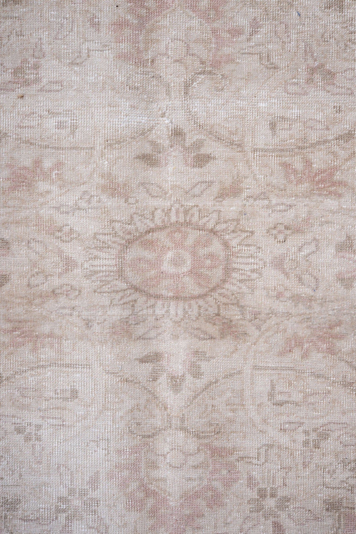6' x 9' one-of-a-kind handmade vintage Kaisary medium size rug. Color palette: ivory, blush, pale pink, cream, taupe, beige