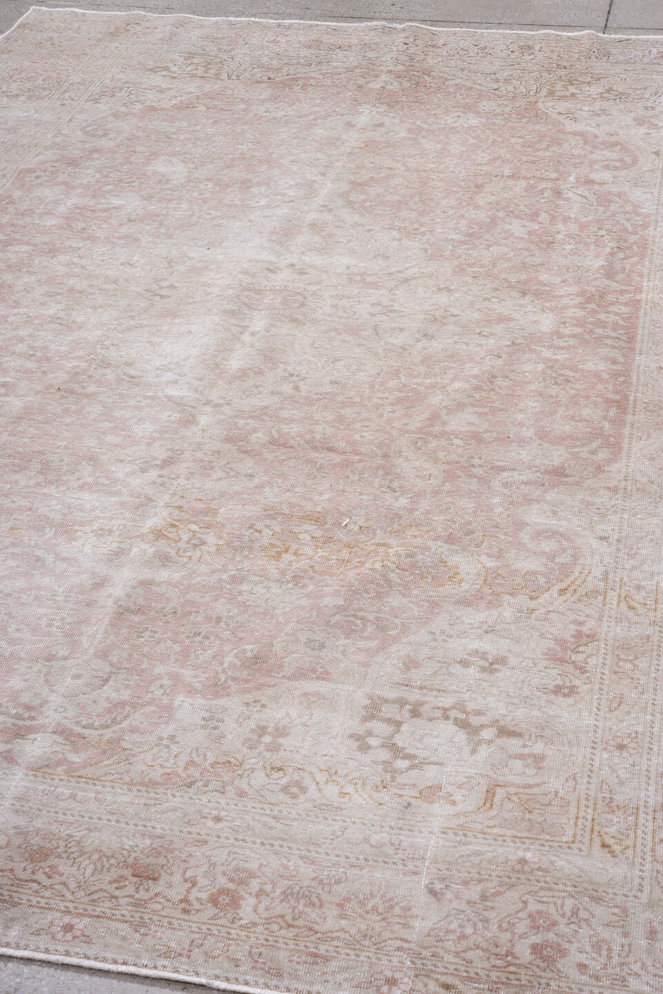 6' x 9' one-of-a-kind handmade vintage Kaisary medium size rug. Color palette: ivory, blush, pale pink, cream, taupe, beige