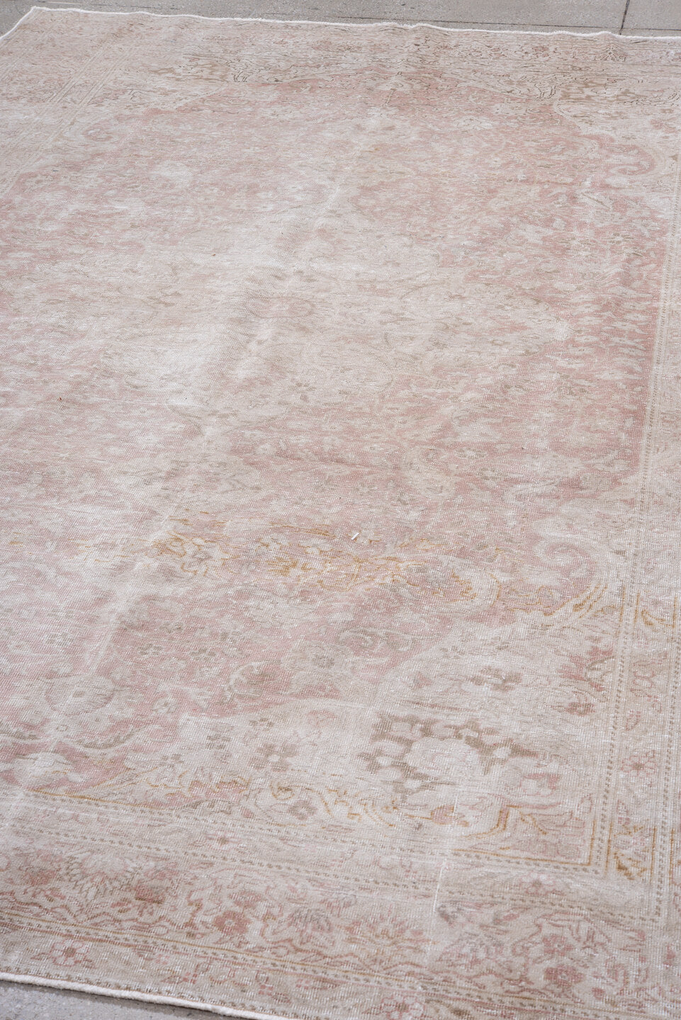 6' x 9' one-of-a-kind handmade vintage Kaisary medium size rug. Color palette: ivory, blush, pale pink, cream, taupe, beige