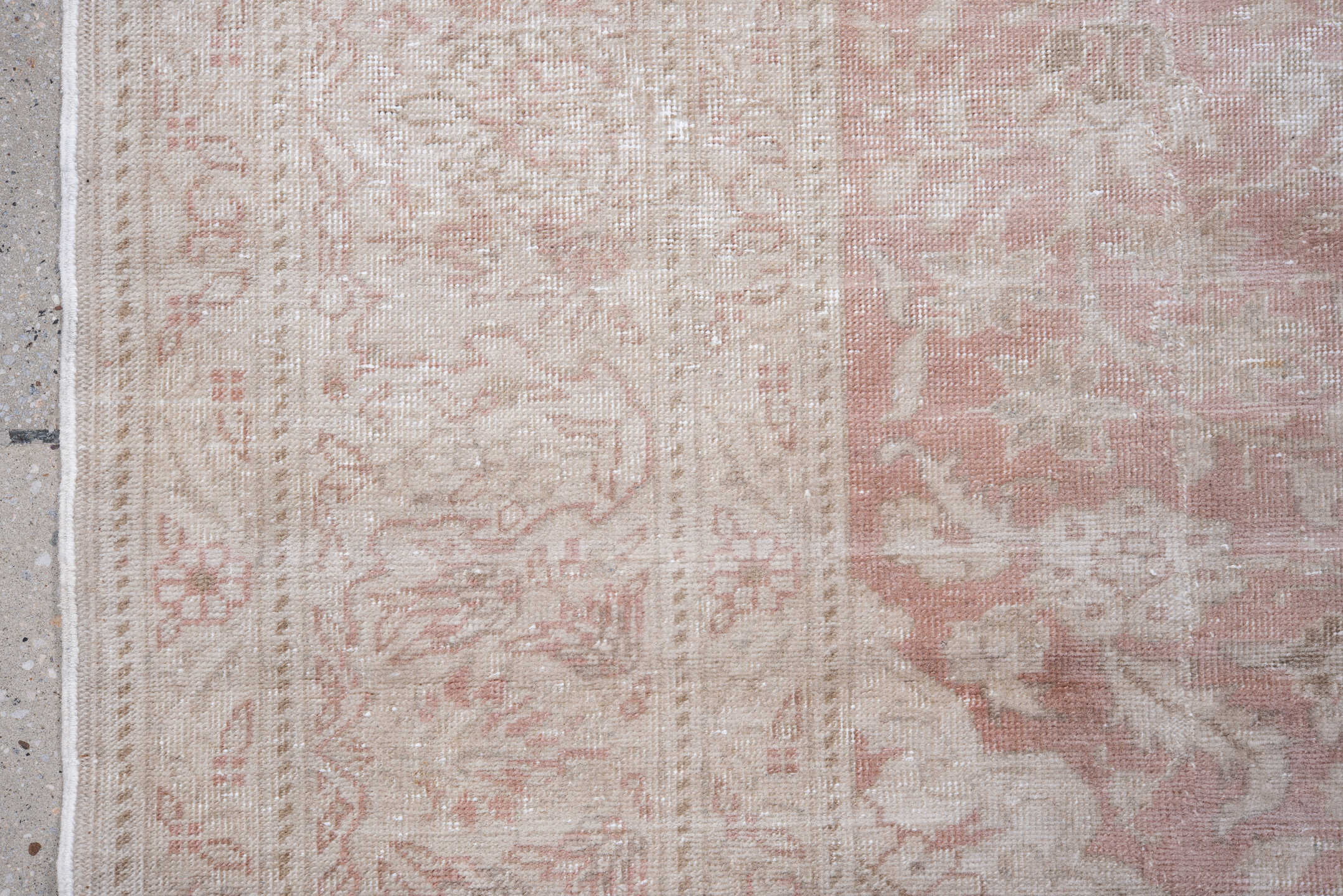 6' x 9' one-of-a-kind handmade vintage Kaisary medium size rug. Color palette: ivory, blush, pale pink, cream, taupe, beige