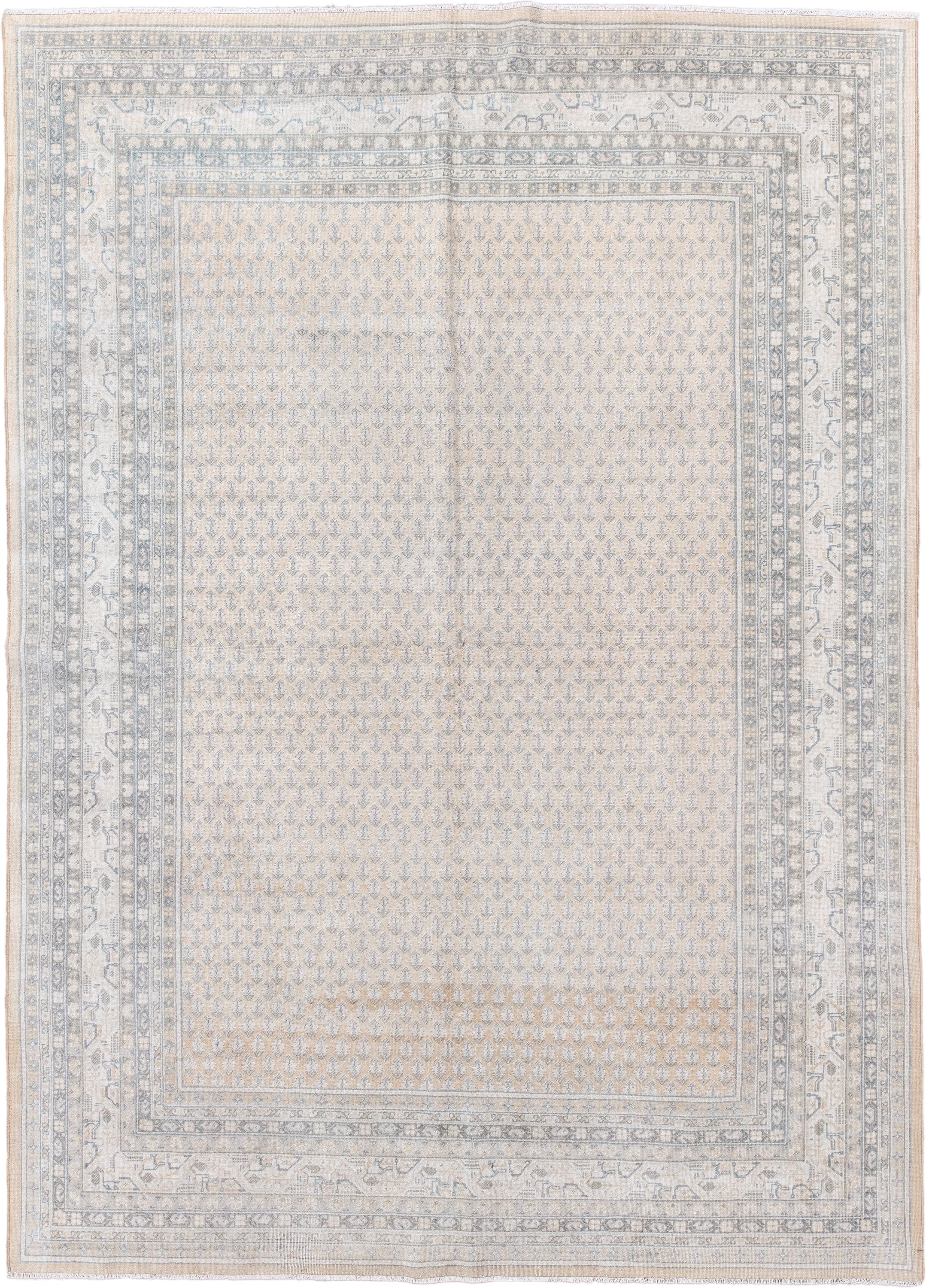5' x 7' one-of-a-kind handmade antique Saraband rug. Color palette: ivory, pale blue, beige, taupe, cream, slate, light blue