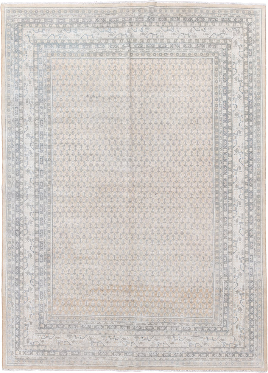 5' x 7' one-of-a-kind handmade antique Saraband rug. Color palette: ivory, pale blue, beige, taupe, cream, slate, light blue