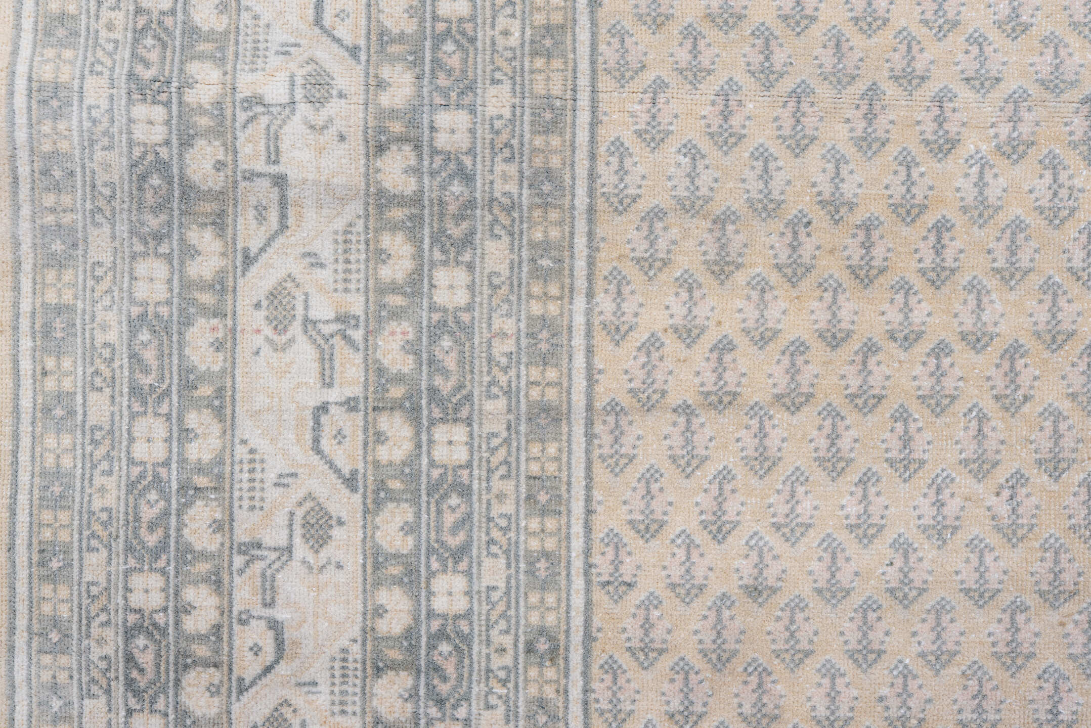 5' x 7' one-of-a-kind handmade antique Saraband rug. Color palette: ivory, pale blue, beige, taupe, cream, slate, light blue