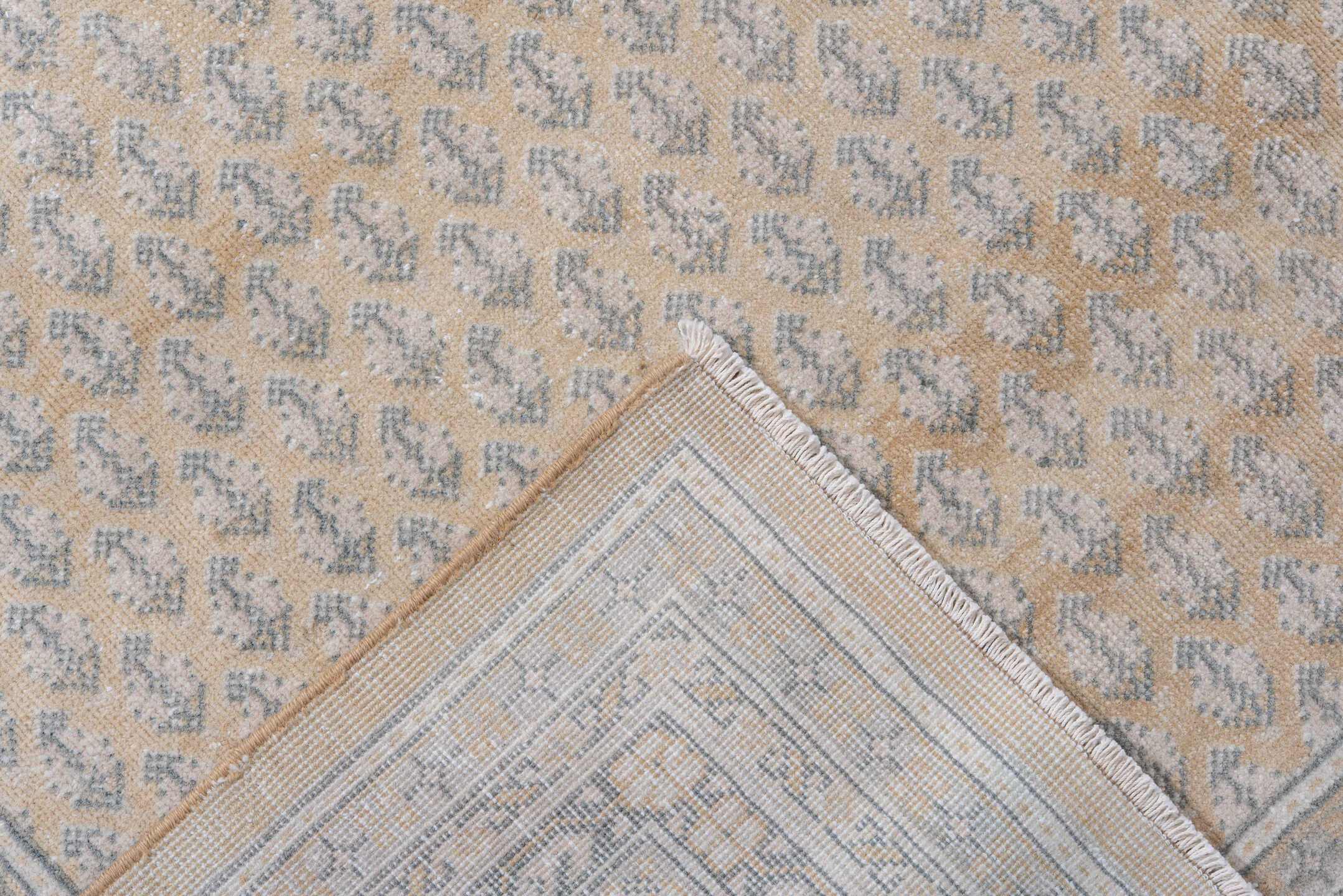 5' x 7' one-of-a-kind handmade antique Saraband rug. Color palette: ivory, pale blue, beige, taupe, cream, slate, light blue