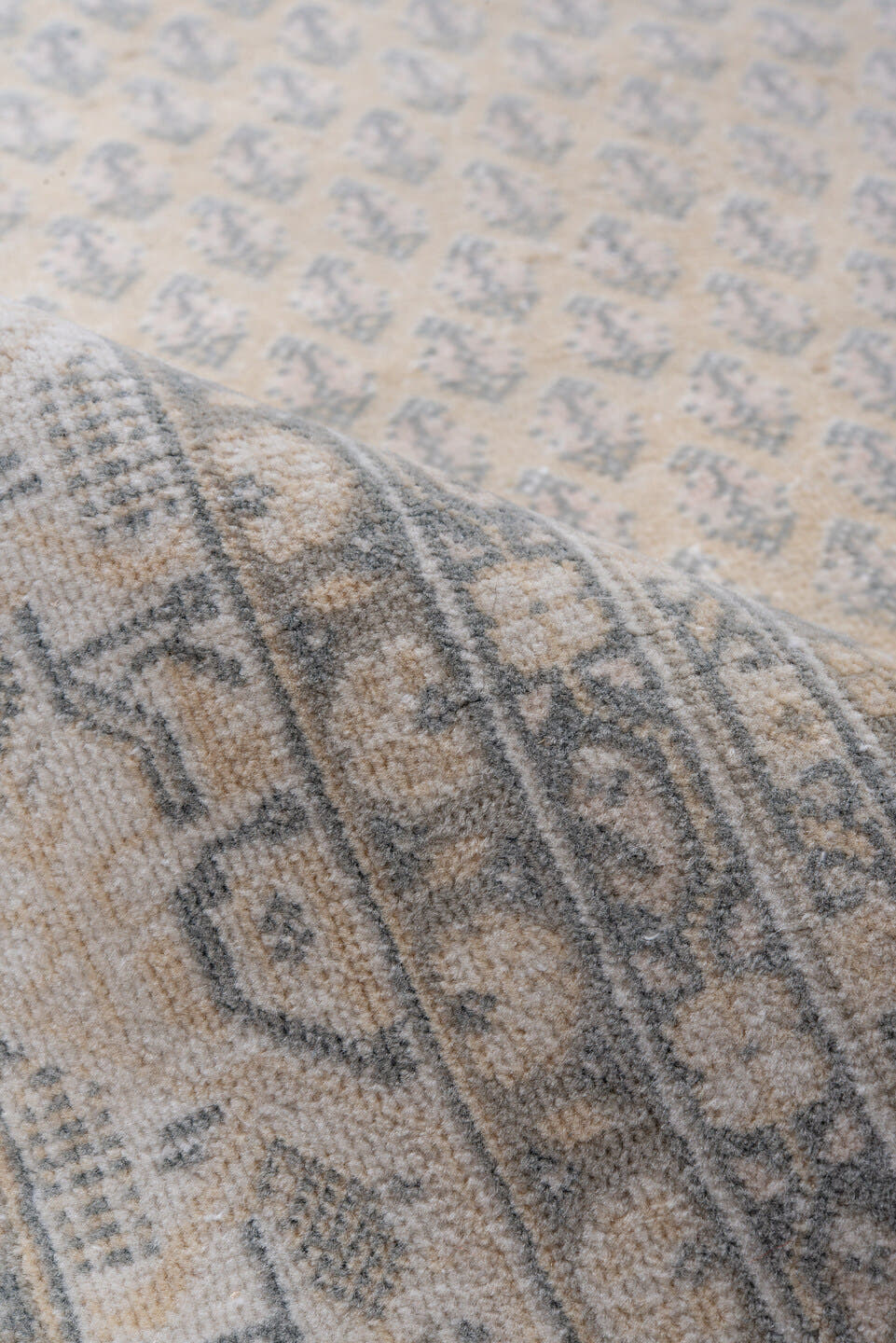 5' x 7' one-of-a-kind handmade antique Saraband rug. Color palette: ivory, pale blue, beige, taupe, cream, slate, light blue