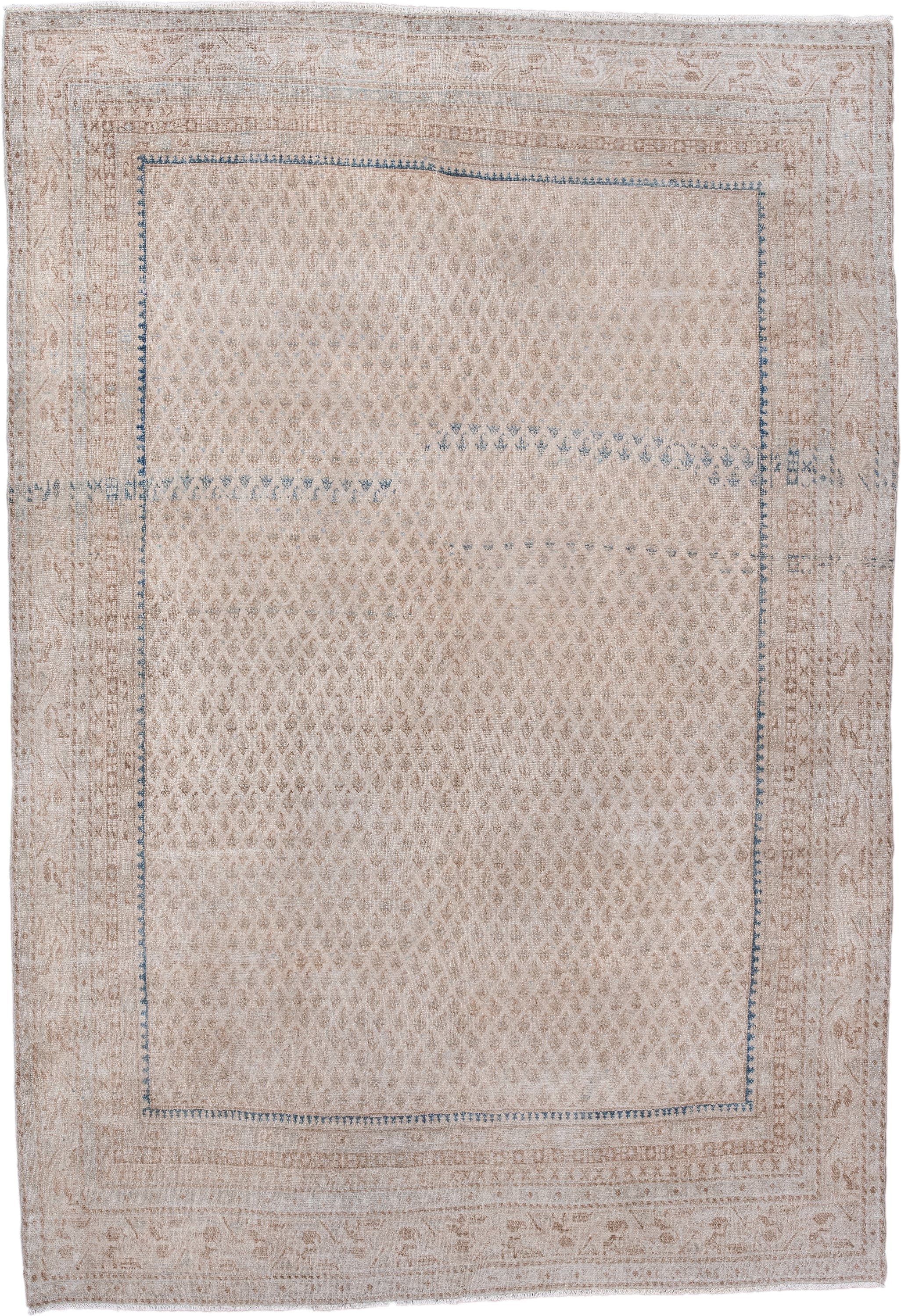 6' x 9' one-of-a-kind handmade antique Saraband medium size rug. Color palette: ivory, beige, taupe, pale blue, cream, gray