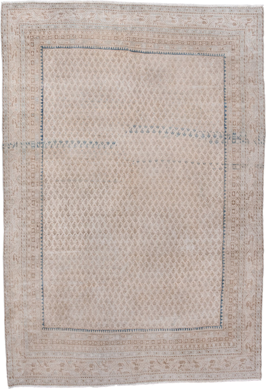 6' x 9' one-of-a-kind handmade antique Saraband medium size rug. Color palette: ivory, beige, taupe, pale blue, cream, gray