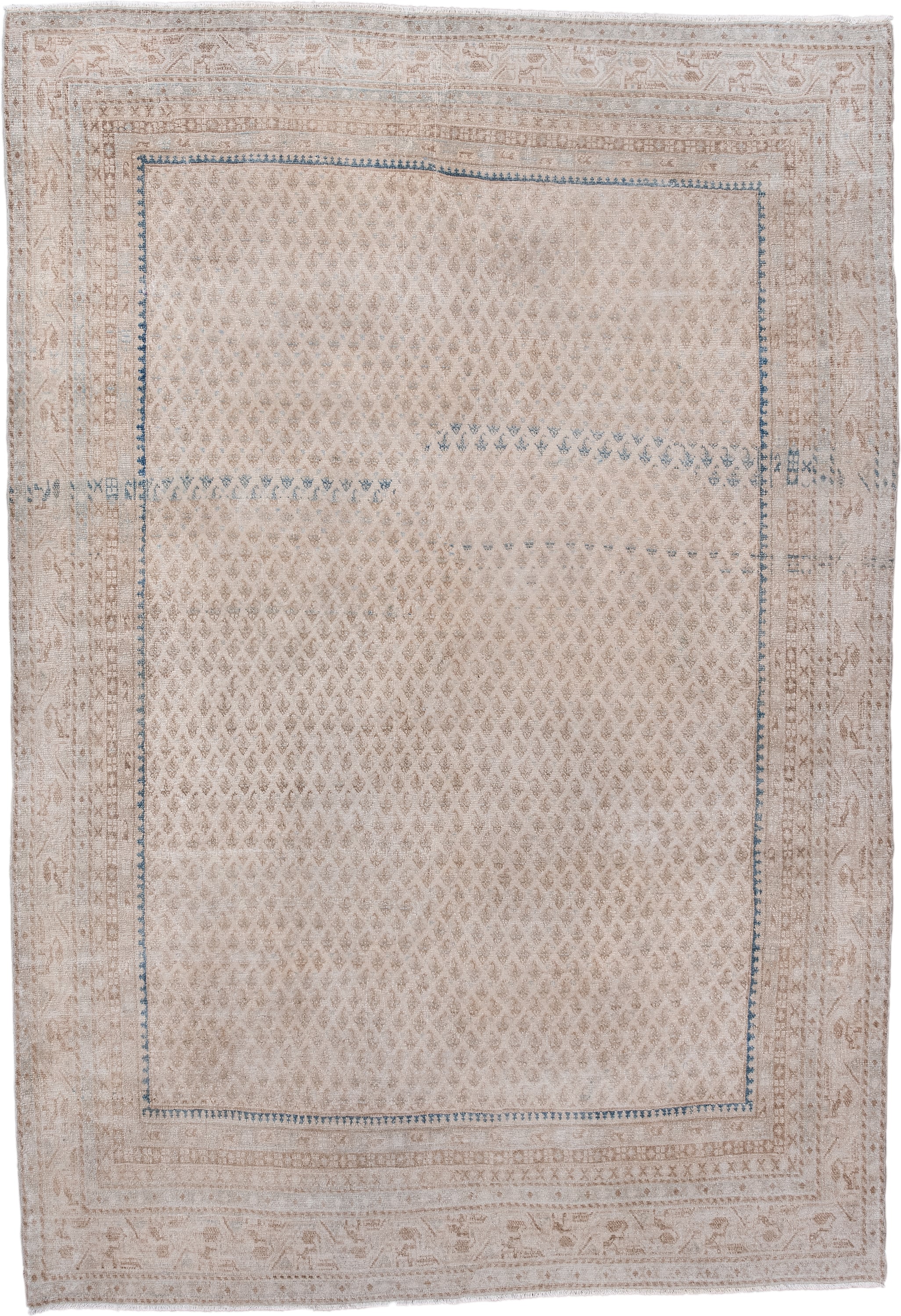 6' x 9' one-of-a-kind handmade antique Saraband medium size rug. Color palette: ivory, beige, taupe, pale blue, cream, gray
