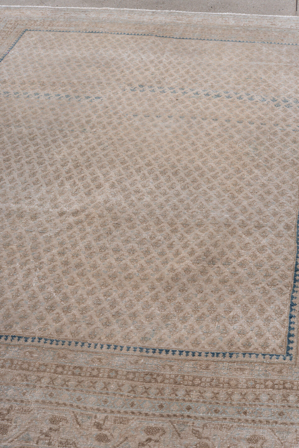 6' x 9' one-of-a-kind handmade antique Saraband medium size rug. Color palette: ivory, beige, taupe, pale blue, cream, gray