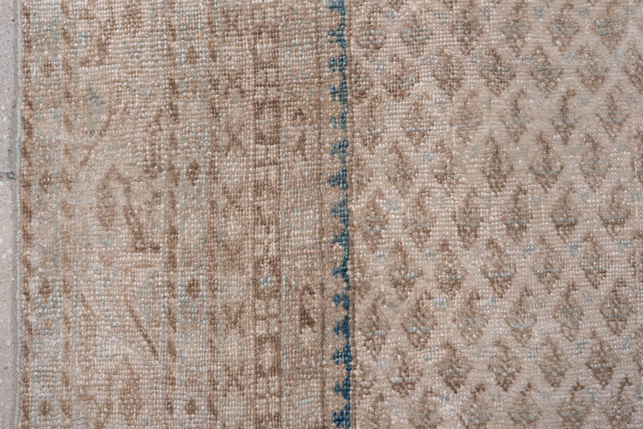 6' x 9' one-of-a-kind handmade antique Saraband medium size rug. Color palette: ivory, beige, taupe, pale blue, cream, gray
