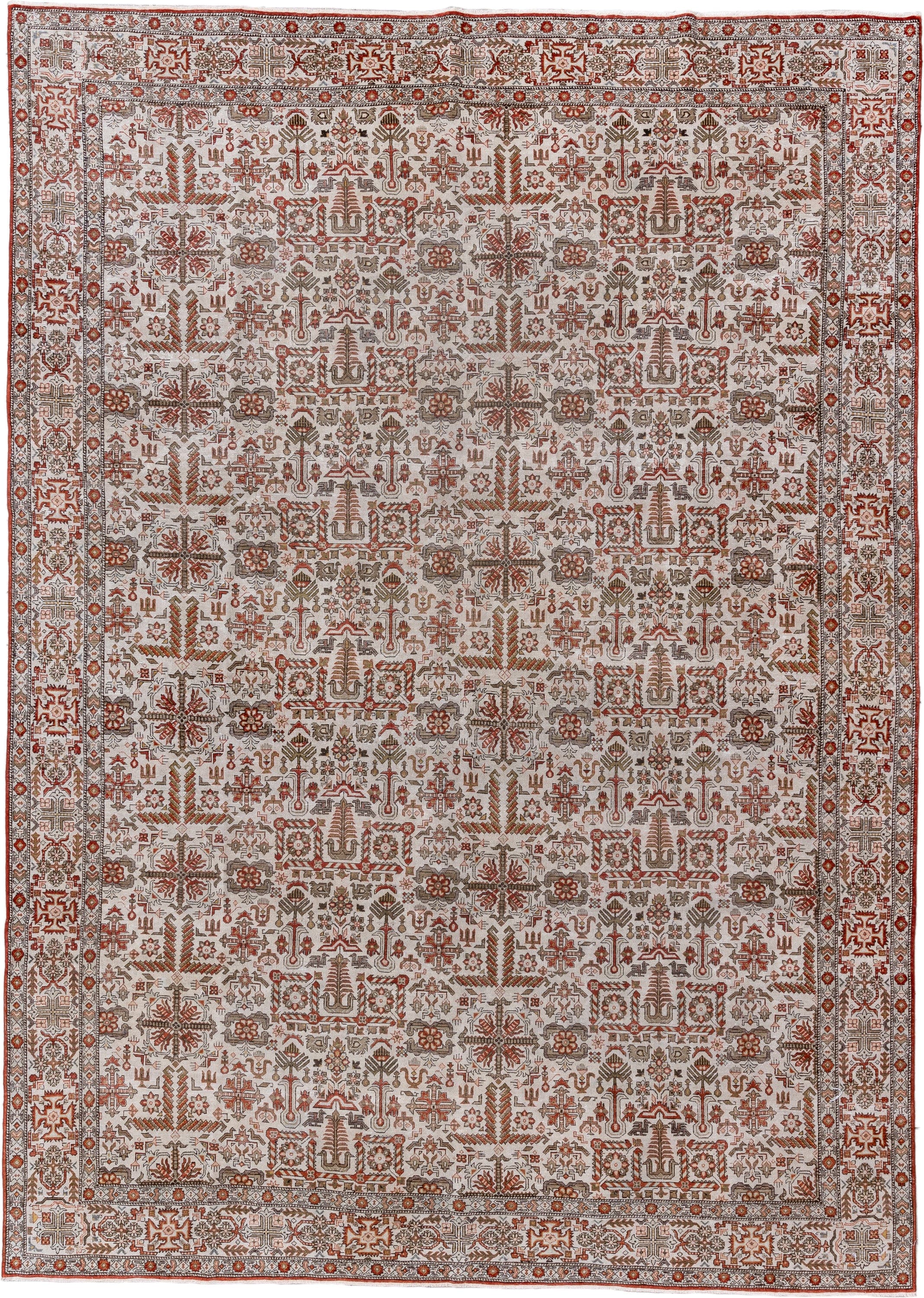 8' x 12' one-of-a-kind handmade vintage Varamin large size rug. Color palette: ivory, rust, taupe, camel, brown, terracotta