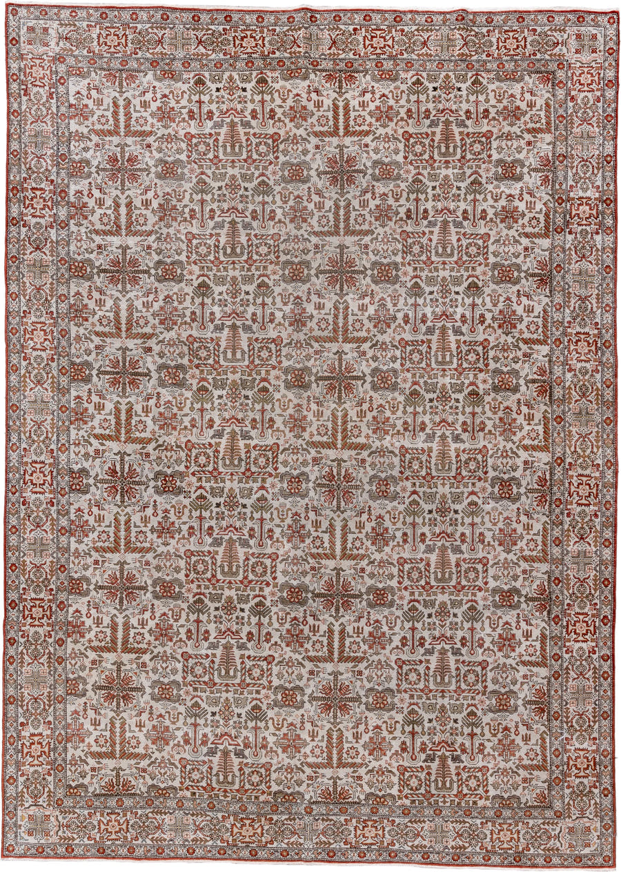 8' x 12' one-of-a-kind handmade vintage Varamin large size rug. Color palette: ivory, rust, taupe, camel, brown, terracotta