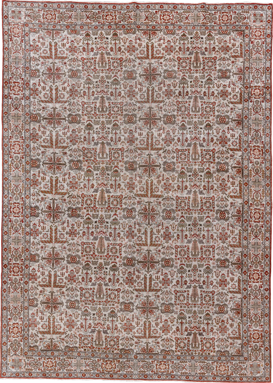 8' x 12' one-of-a-kind handmade vintage Varamin large size rug. Color palette: brown, gainsboro, gray, light gray, off-white
