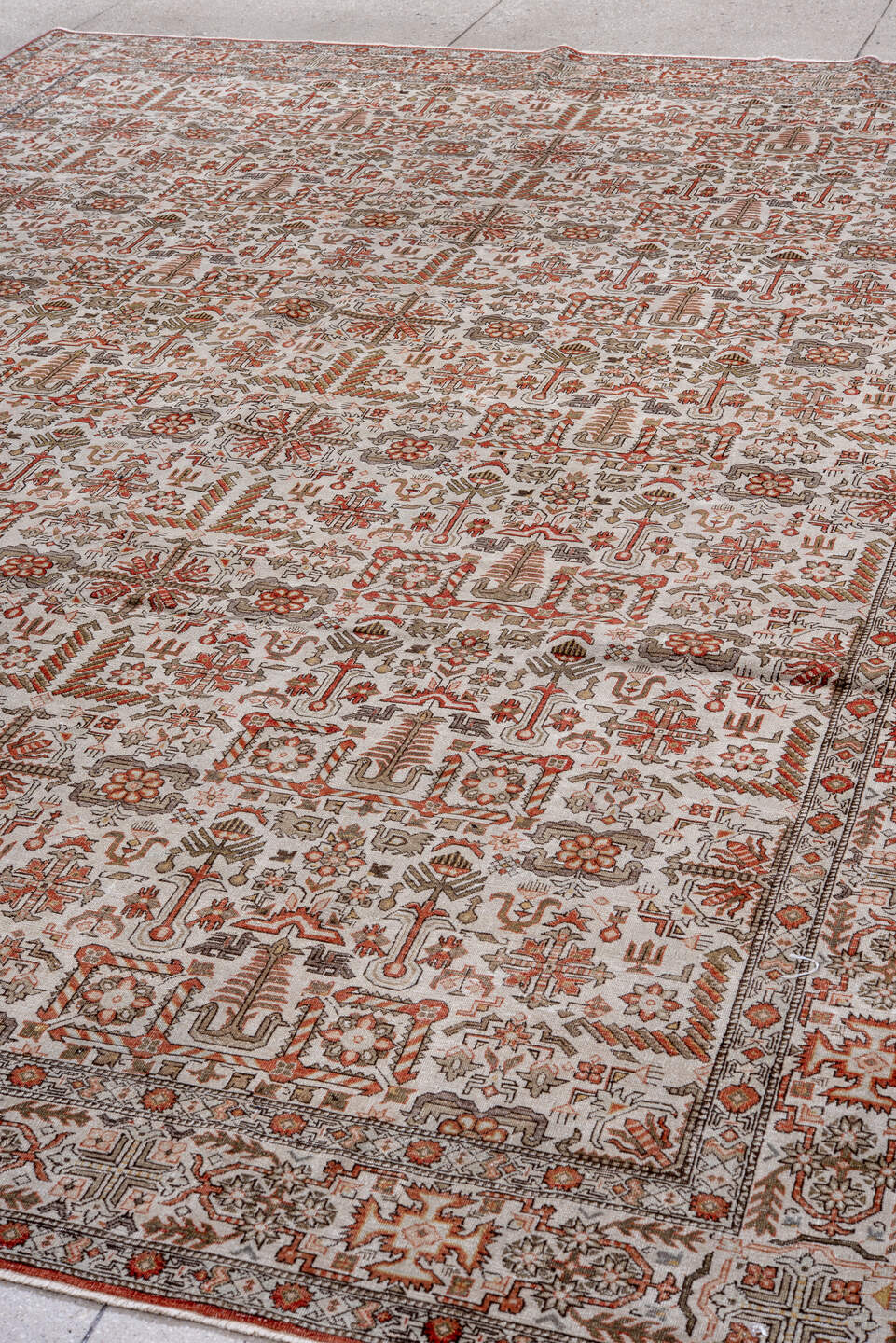 8' x 12' one-of-a-kind handmade vintage Varamin large size rug. Color palette: ivory, rust, taupe, camel, brown, terracotta