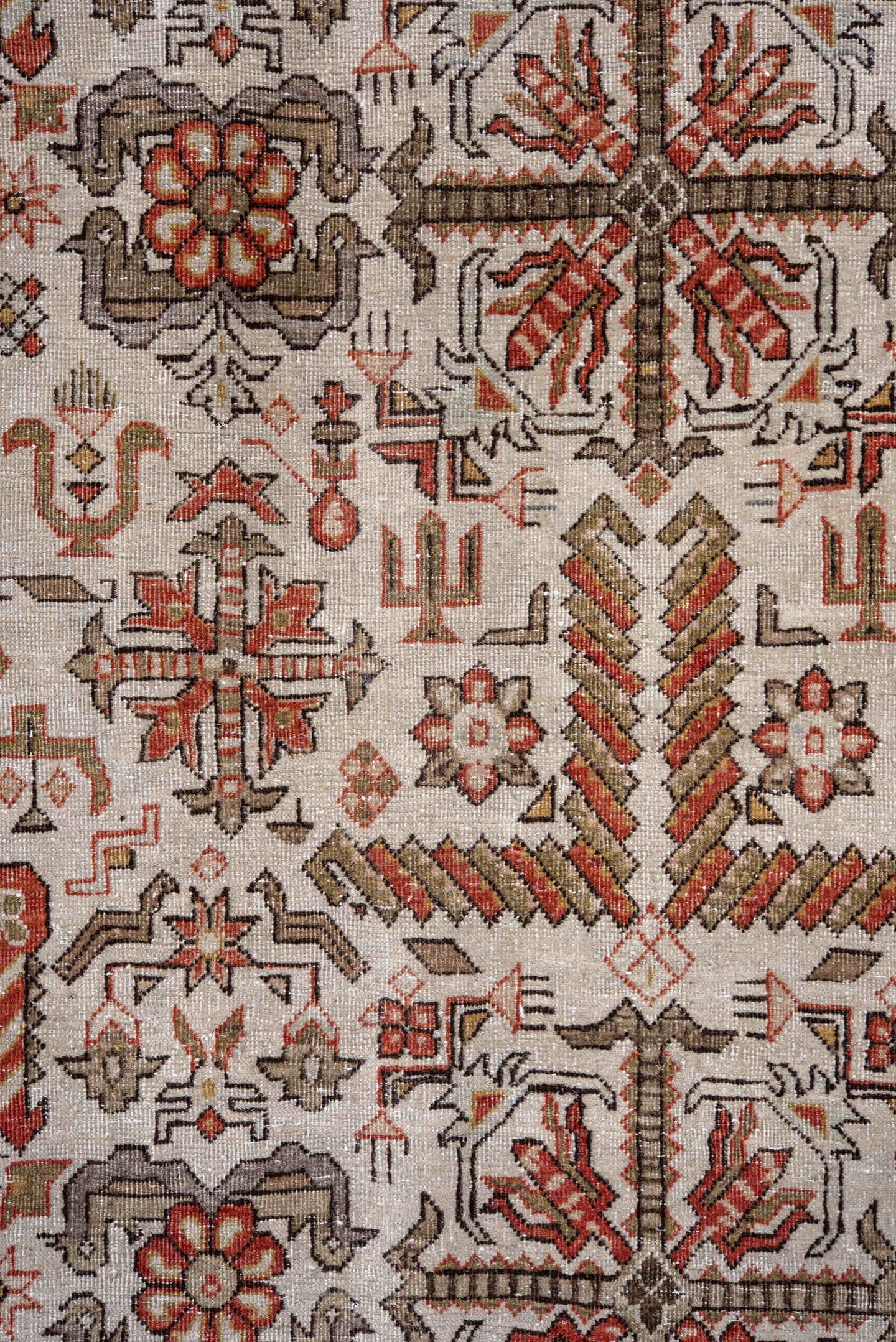 8' x 12' one-of-a-kind handmade vintage Varamin large size rug. Color palette: ivory, rust, taupe, camel, brown, terracotta
