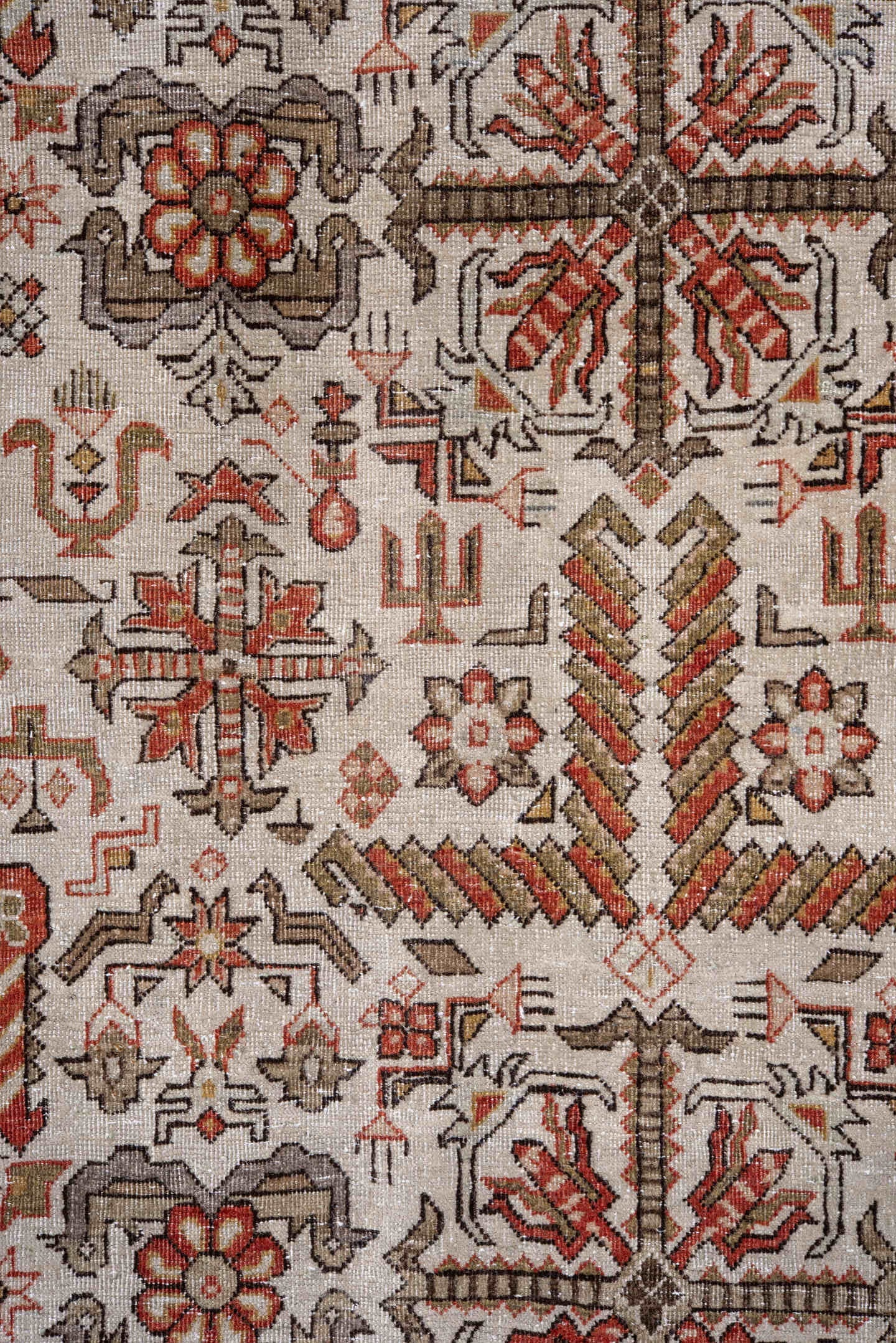 8' x 12' one-of-a-kind handmade vintage Varamin large size rug. Color palette: ivory, rust, taupe, camel, brown, terracotta