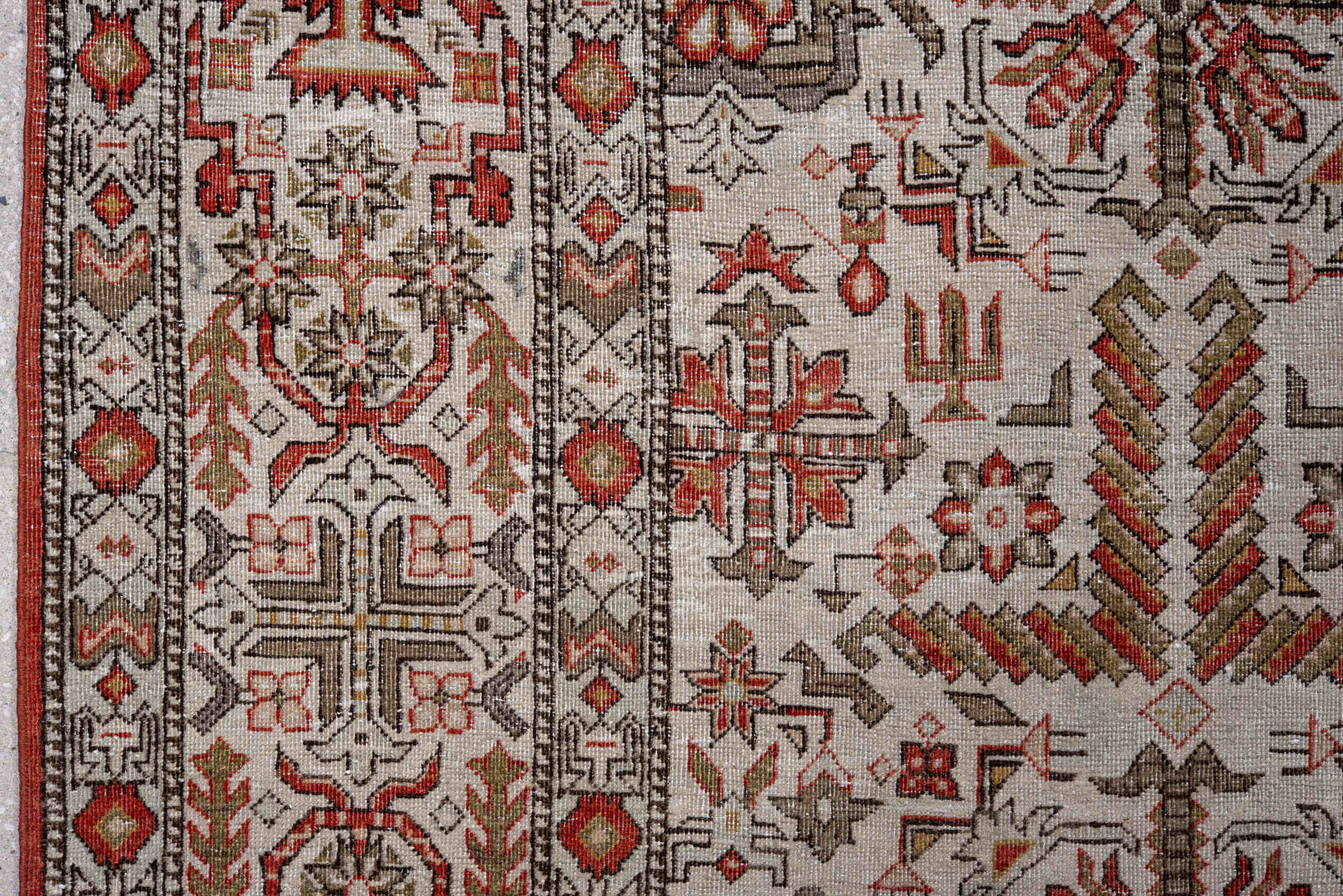 8' x 12' one-of-a-kind handmade vintage Varamin large size rug. Color palette: ivory, rust, taupe, camel, brown, terracotta