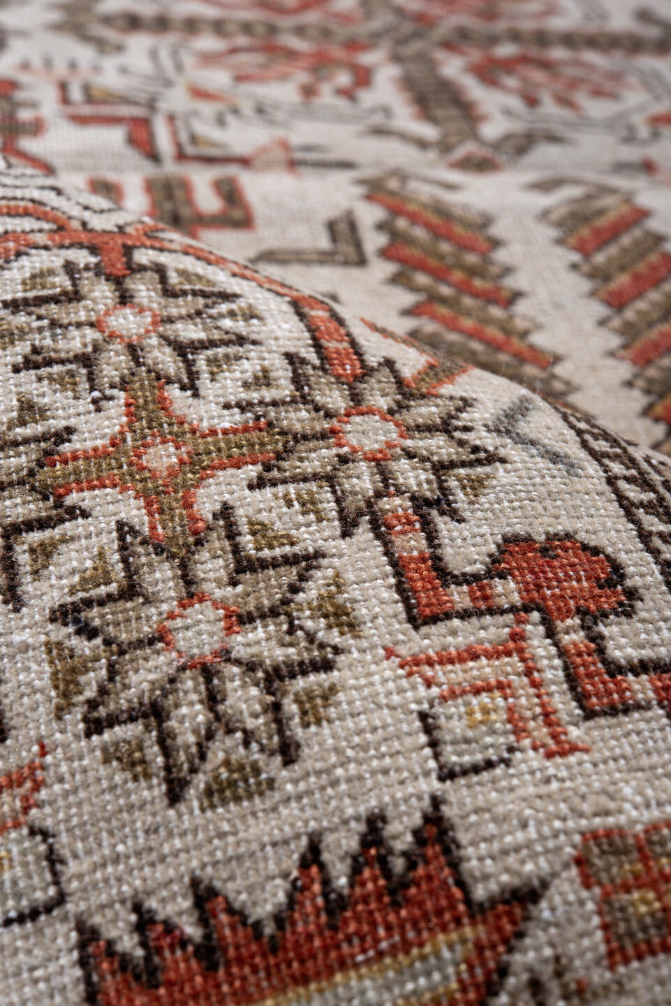 8' x 12' one-of-a-kind handmade vintage Varamin large size rug. Color palette: ivory, rust, taupe, camel, brown, terracotta