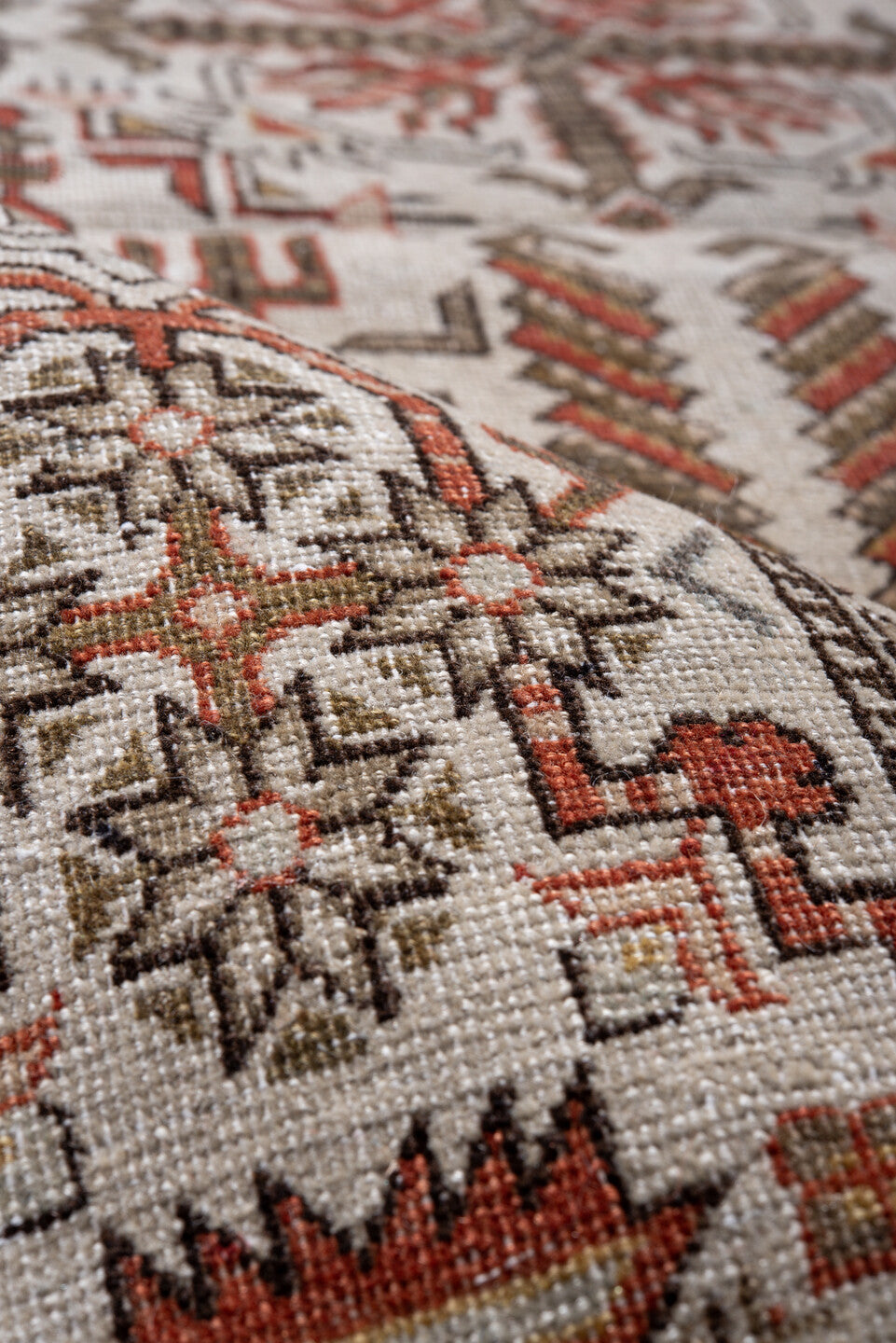 8' x 12' one-of-a-kind handmade vintage Varamin large size rug. Color palette: ivory, rust, taupe, camel, brown, terracotta