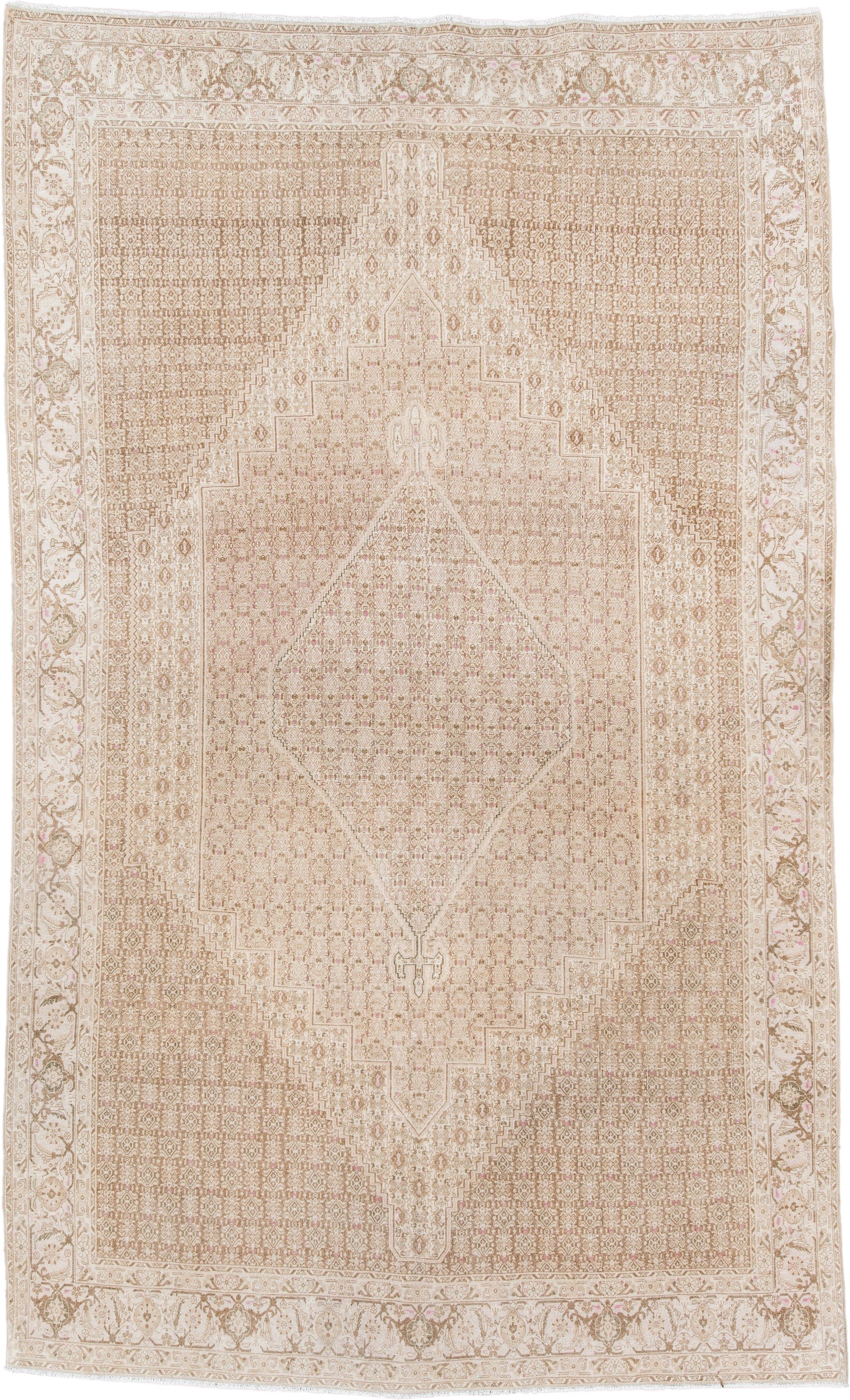 6' x 10' one-of-a-kind handmade antique Bidjar large size rug. Color palette: ivory, beige, taupe, blush, camel, gray, pink