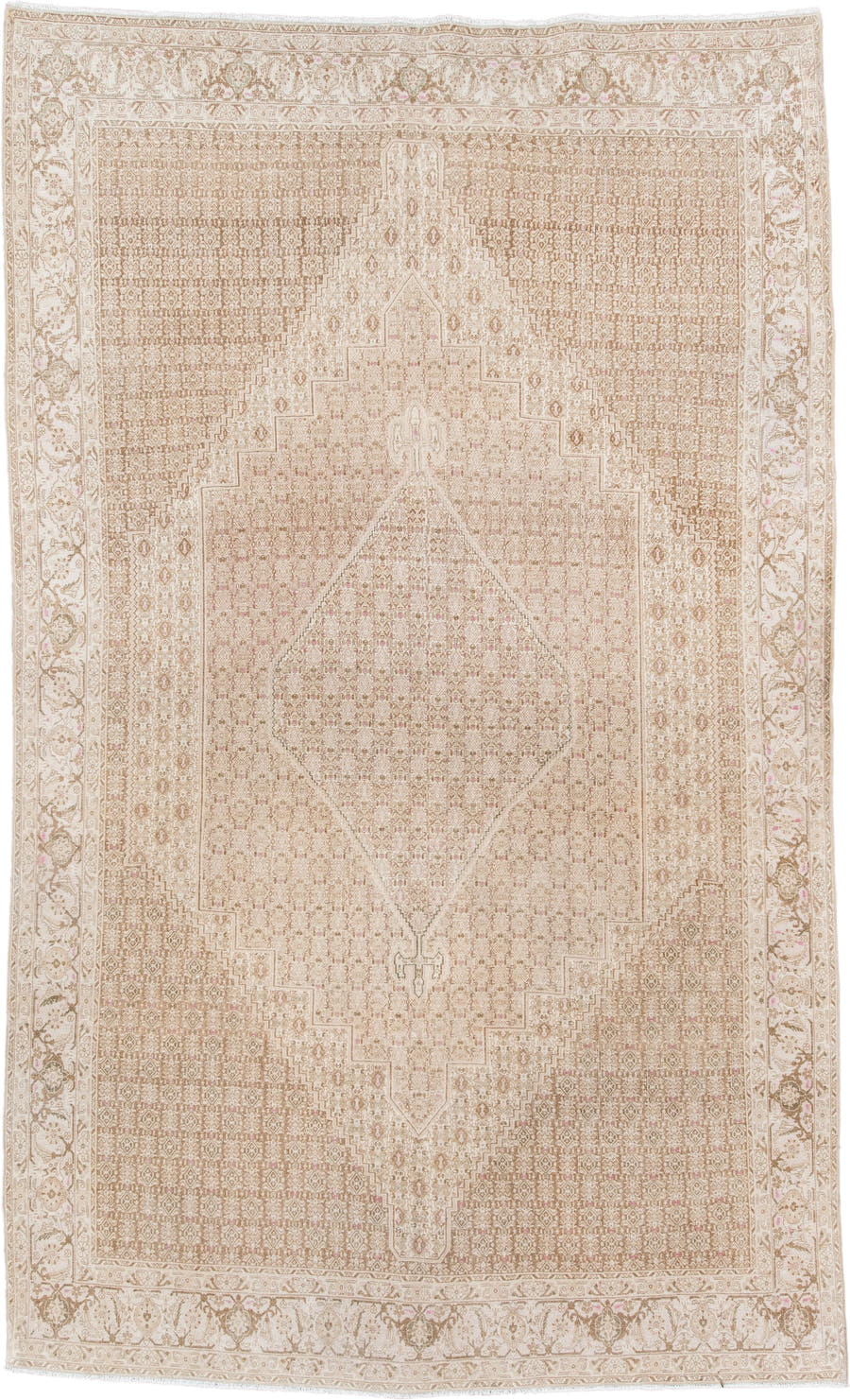 6' x 10' one-of-a-kind handmade antique Bidjar large size rug. Color palette: ivory, beige, taupe, blush, camel, gray, pink