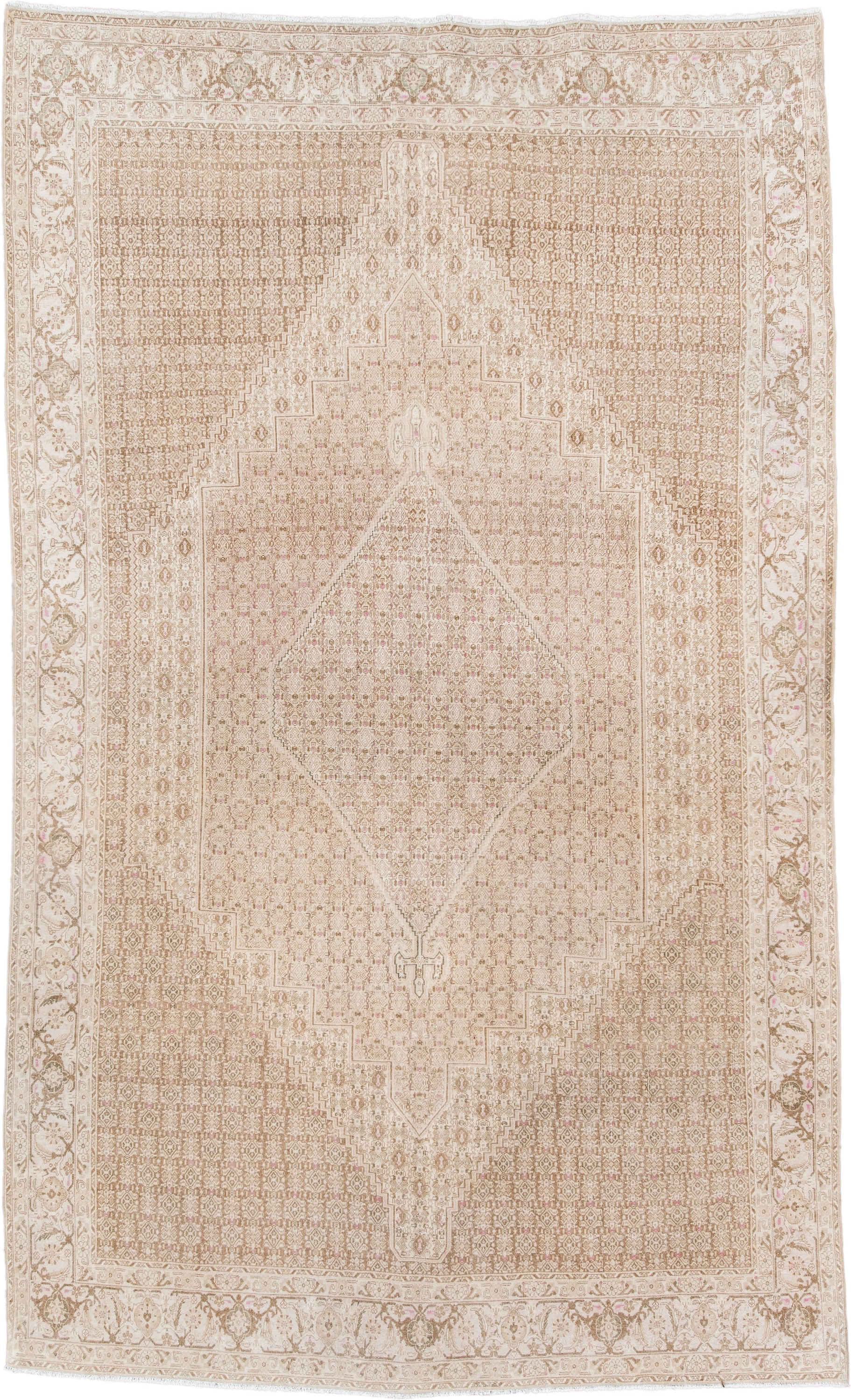 6' x 10' one-of-a-kind handmade antique Bidjar large size rug. Color palette: ivory, beige, taupe, blush, camel, gray, pink