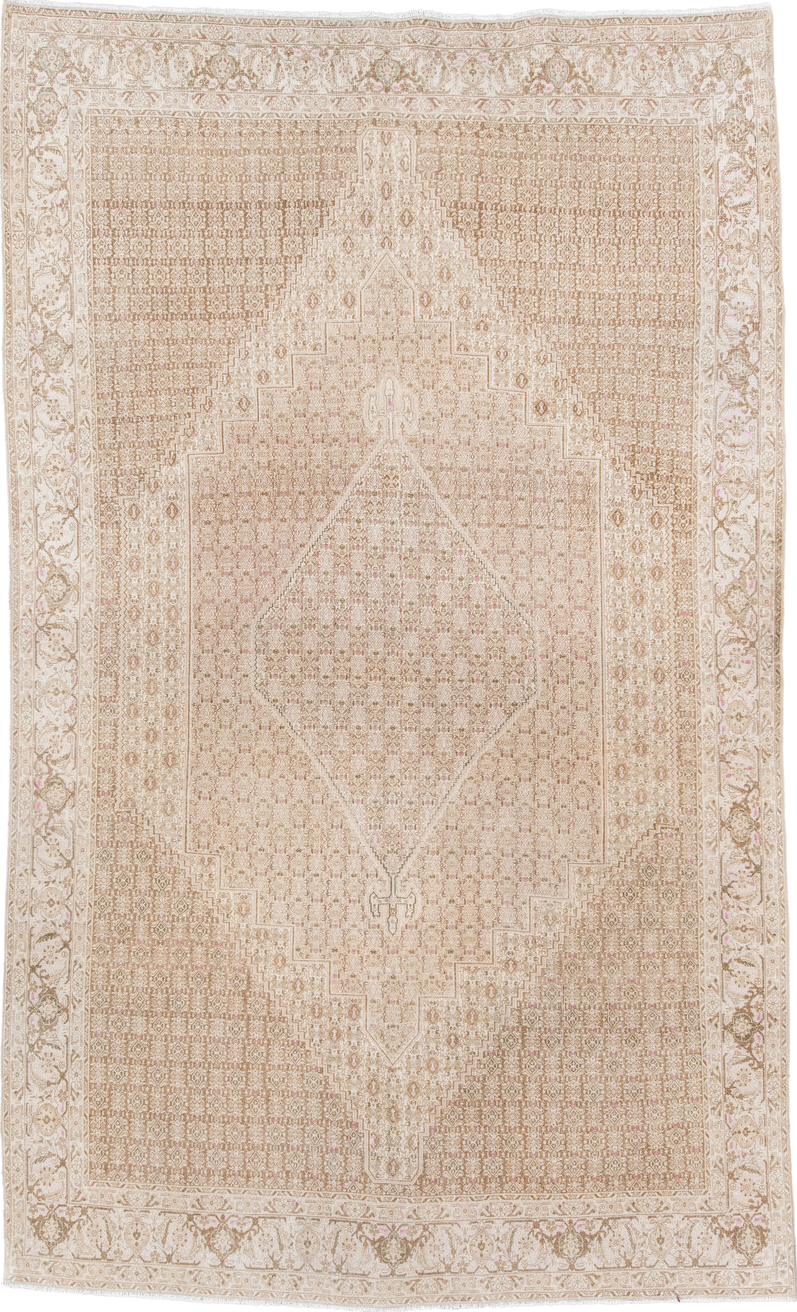 6' x 10' one-of-a-kind handmade antique Bidjar large size rug. Color palette: ivory, beige, taupe, blush, camel, gray, pink