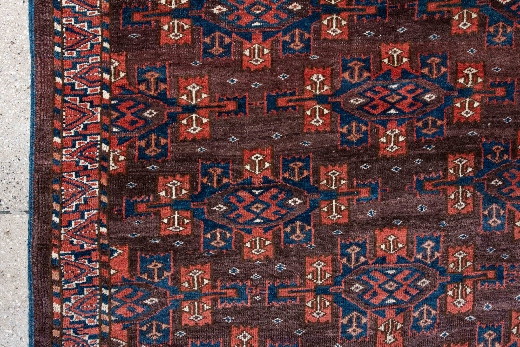 4' x 7' one-of-a-kind handmade vintage Yamoud rug. Color palette: blue, brown, dim gray, gray, light gray, light slate gray