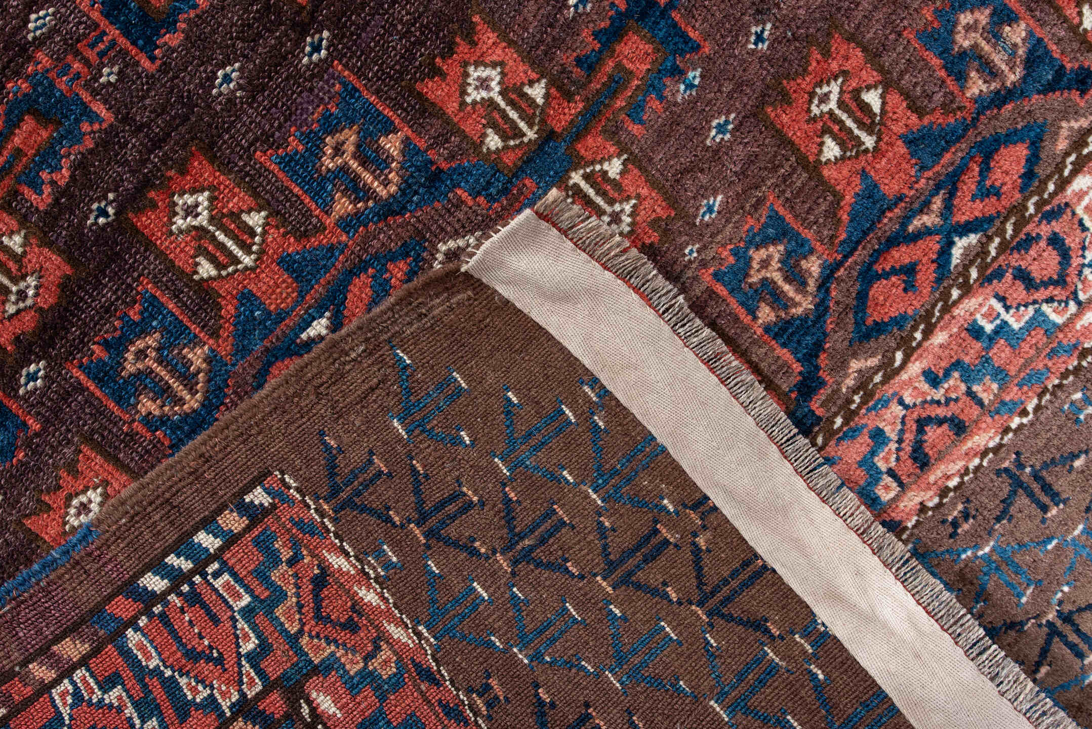 4' x 7' one-of-a-kind handmade vintage Yamoud rug. Color palette: blue, brown, dim gray, gray, light gray, light slate gray