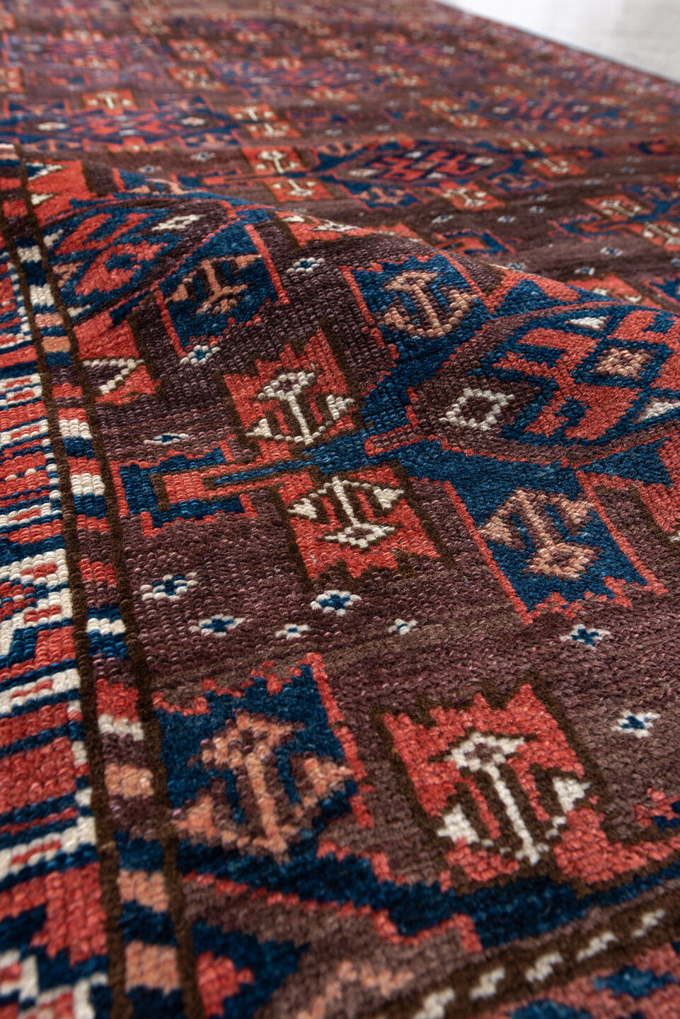 4' x 7' one-of-a-kind handmade vintage Yamoud rug. Color palette: blue, brown, dim gray, gray, light gray, light slate gray