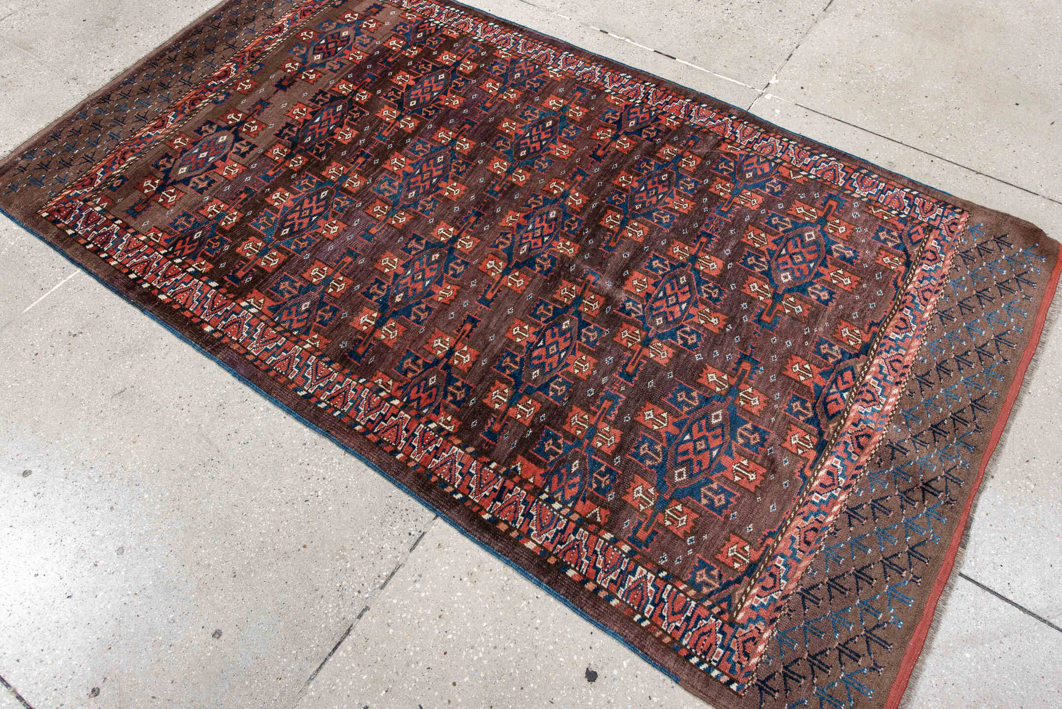 4' x 7' one-of-a-kind handmade vintage Yamoud rug. Color palette: blue, brown, dim gray, gray, light gray, light slate gray