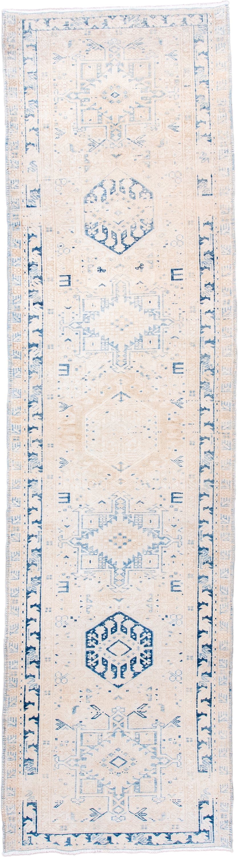 2' x 10' one-of-a-kind handmade antique Karaje runner rug. Color palette: ivory, sky blue, beige, cream, light blue