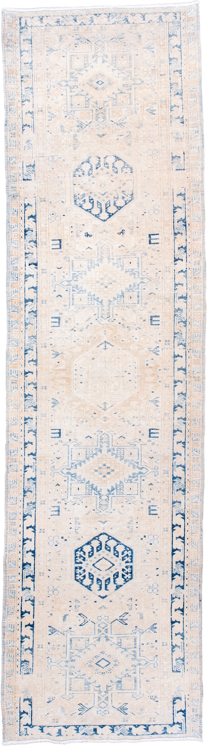 2' x 10' one-of-a-kind handmade antique Karaje runner rug. Color palette: ivory, sky blue, beige, cream, light blue