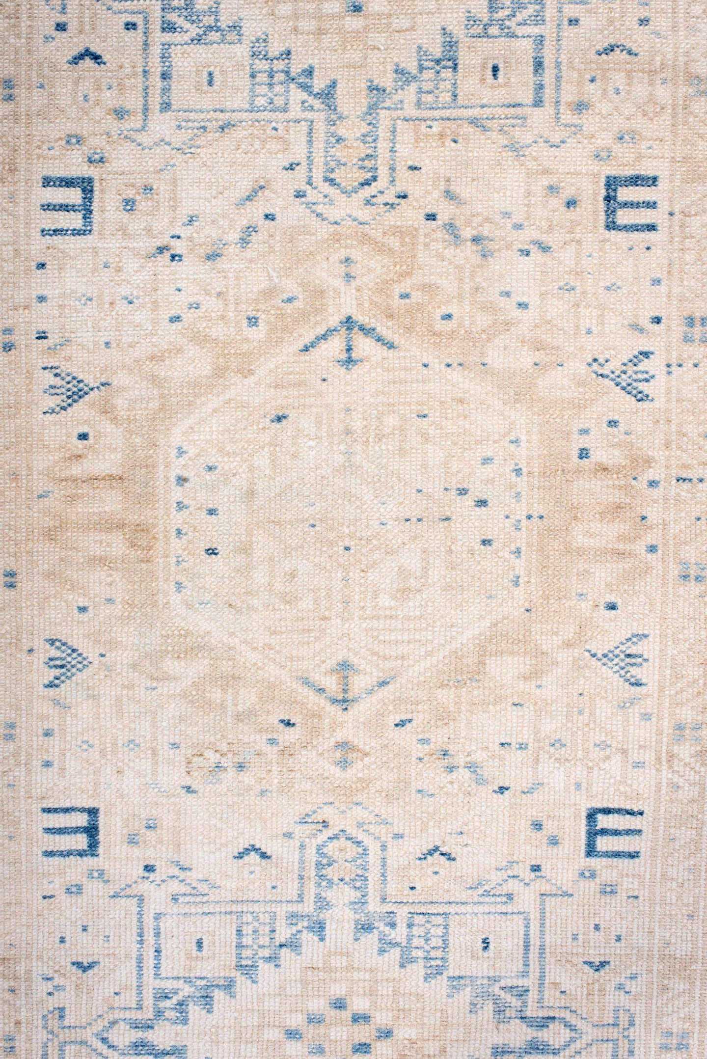 2' x 10' one-of-a-kind handmade antique Karaje runner rug. Color palette: ivory, sky blue, beige, cream, light blue