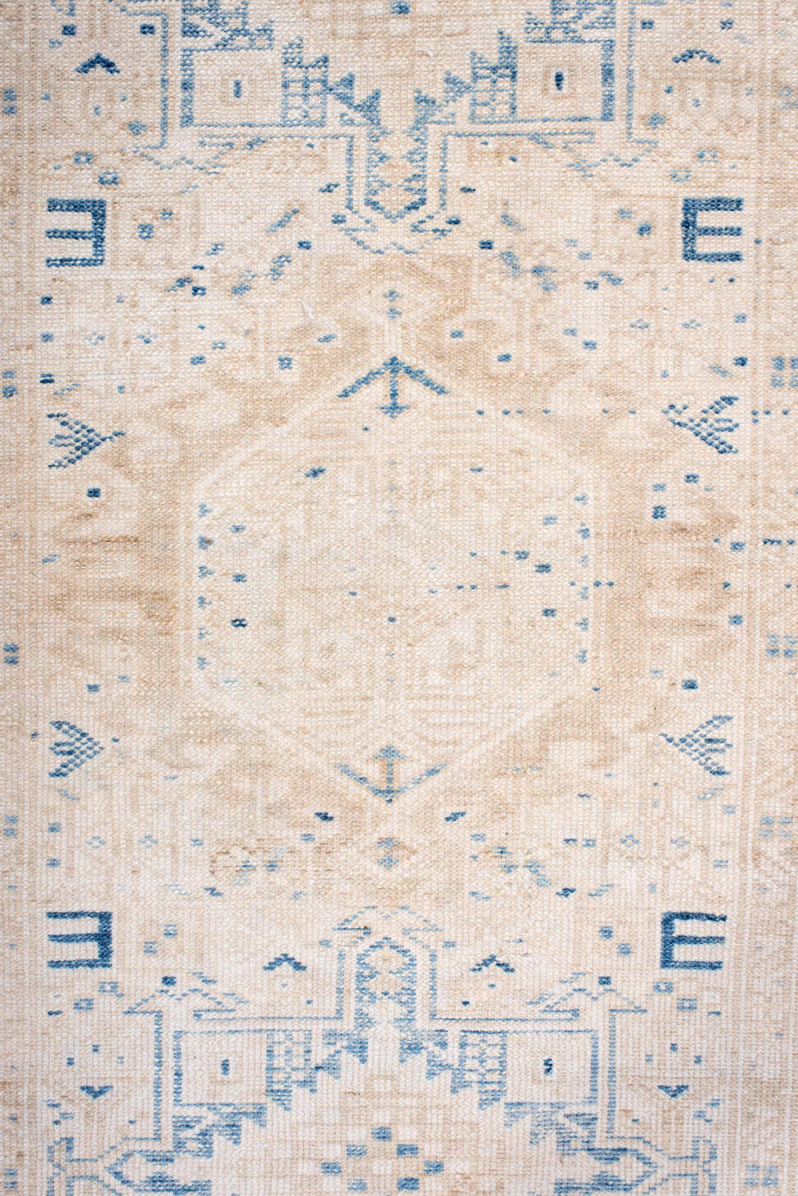 2' x 10' one-of-a-kind handmade antique Karaje runner rug. Color palette: ivory, sky blue, beige, cream, light blue