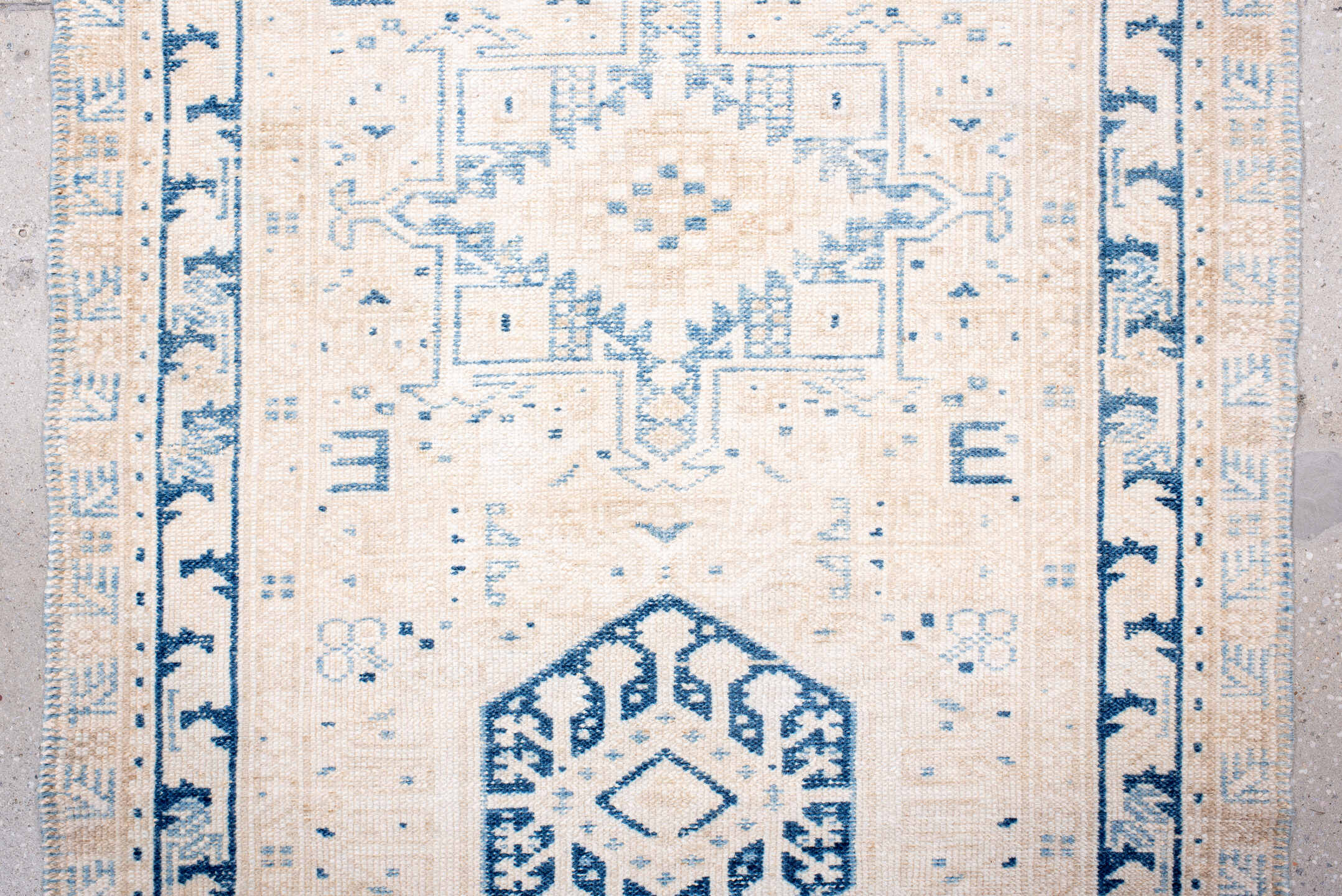 2' x 10' one-of-a-kind handmade vintage Karaje runner rug. Color palette: blue, floral white, gainsboro, ghost white, gray