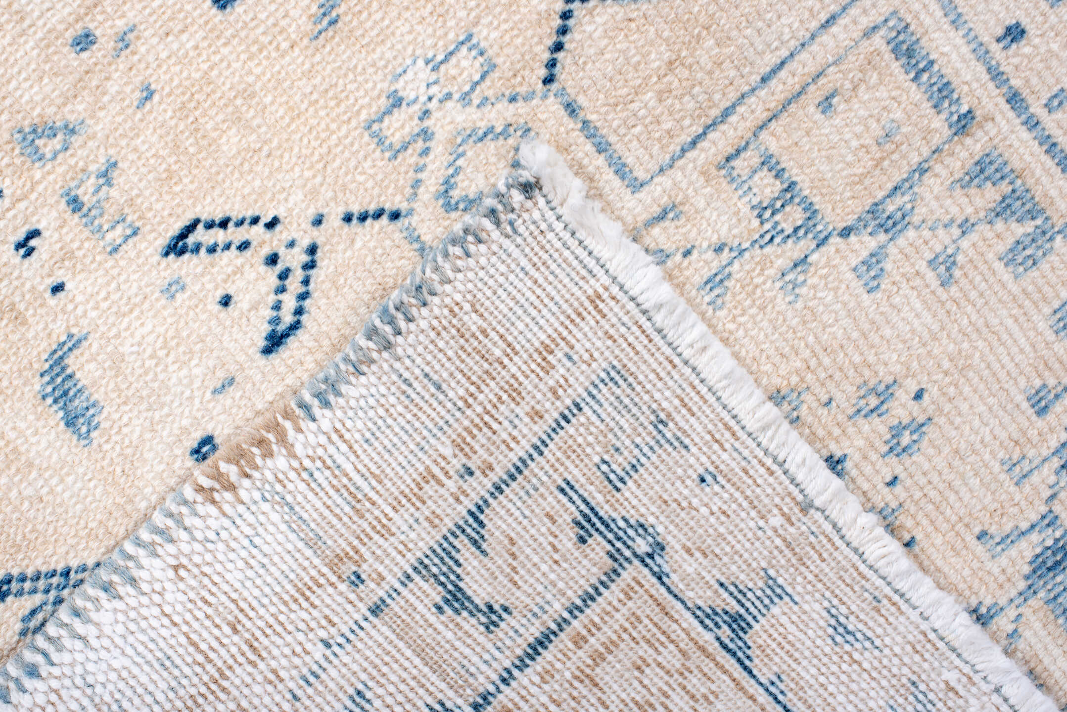 2' x 10' one-of-a-kind handmade vintage Karaje runner rug. Color palette: blue, floral white, gainsboro, ghost white, gray