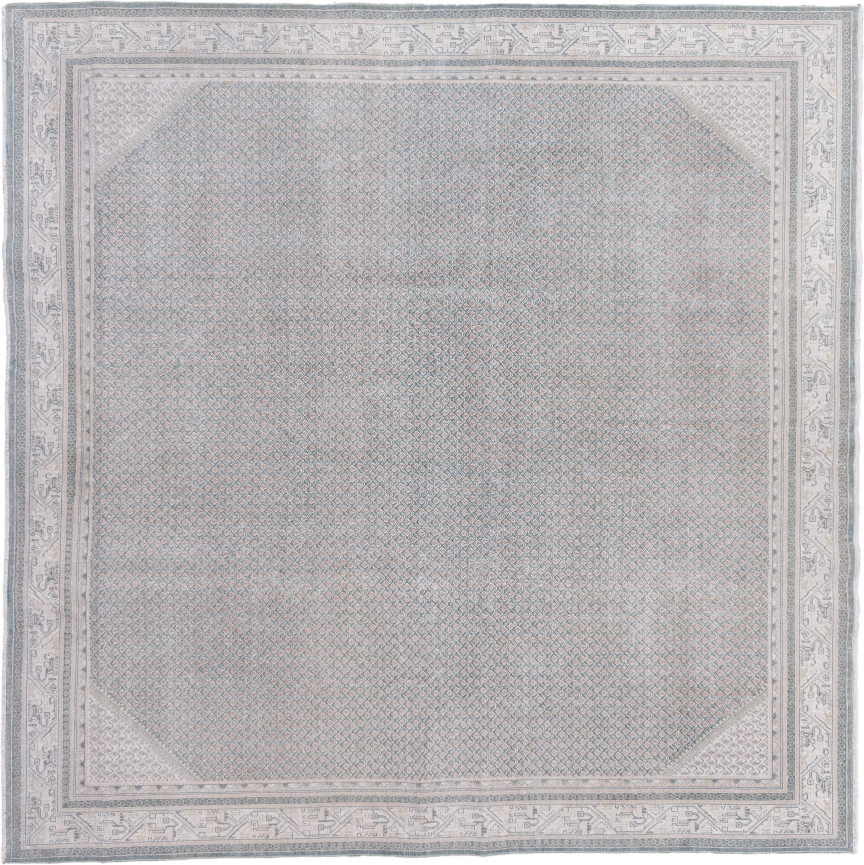 8' x 8' one-of-a-kind handmade vintage Mir rug. Color palette: pale blue, ivory, blush, taupe, slate, light blue, pink