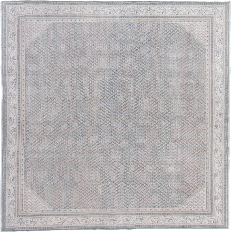 8' x 8' one-of-a-kind handmade vintage Mir rug. Color palette: pale blue, ivory, blush, taupe, slate, light blue, pink