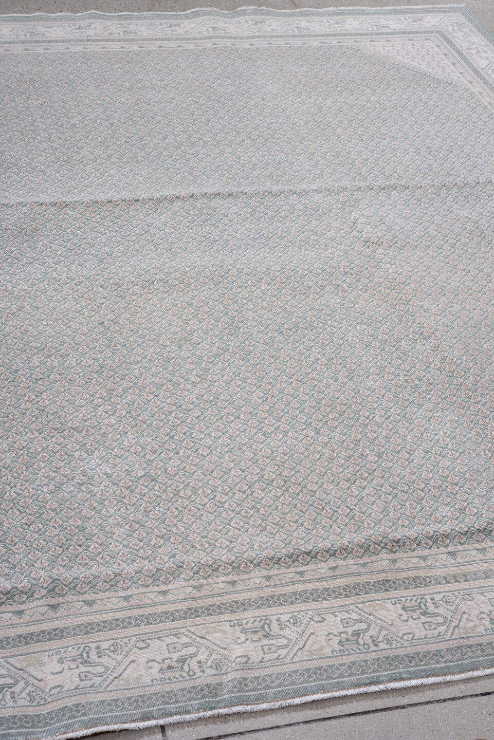 8' x 8' one-of-a-kind handmade vintage Mir rug. Color palette: pale blue, ivory, blush, taupe, slate, light blue, pink