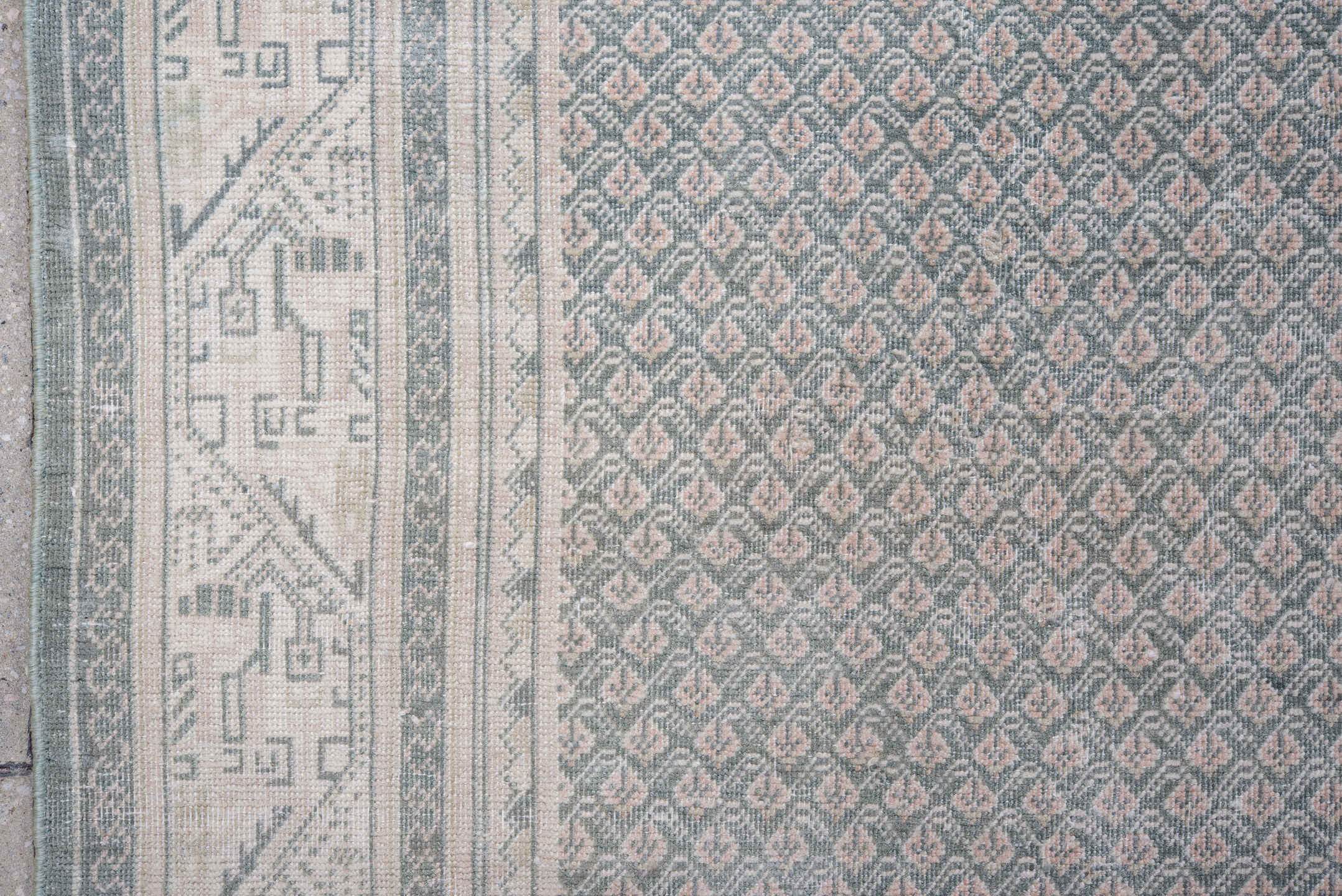 8' x 8' one-of-a-kind handmade vintage Mir rug. Color palette: pale blue, ivory, blush, taupe, slate, light blue, pink