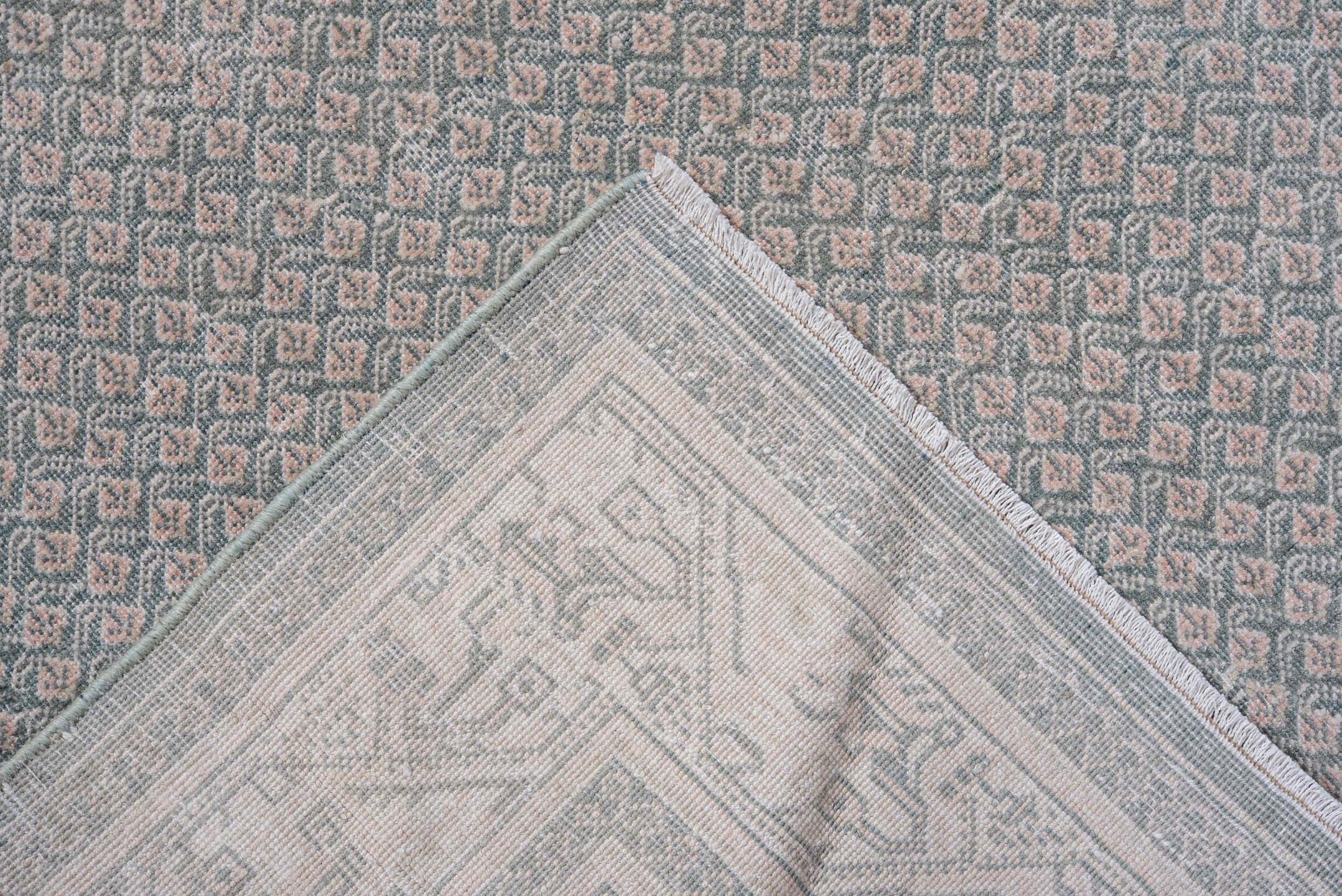 8' x 8' one-of-a-kind handmade vintage Mir rug. Color palette: pale blue, ivory, blush, taupe, slate, light blue, pink