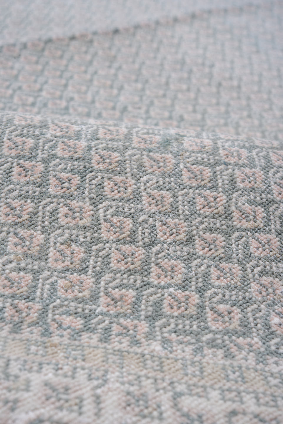 8' x 8' one-of-a-kind handmade vintage Mir rug. Color palette: pale blue, ivory, blush, taupe, slate, light blue, pink