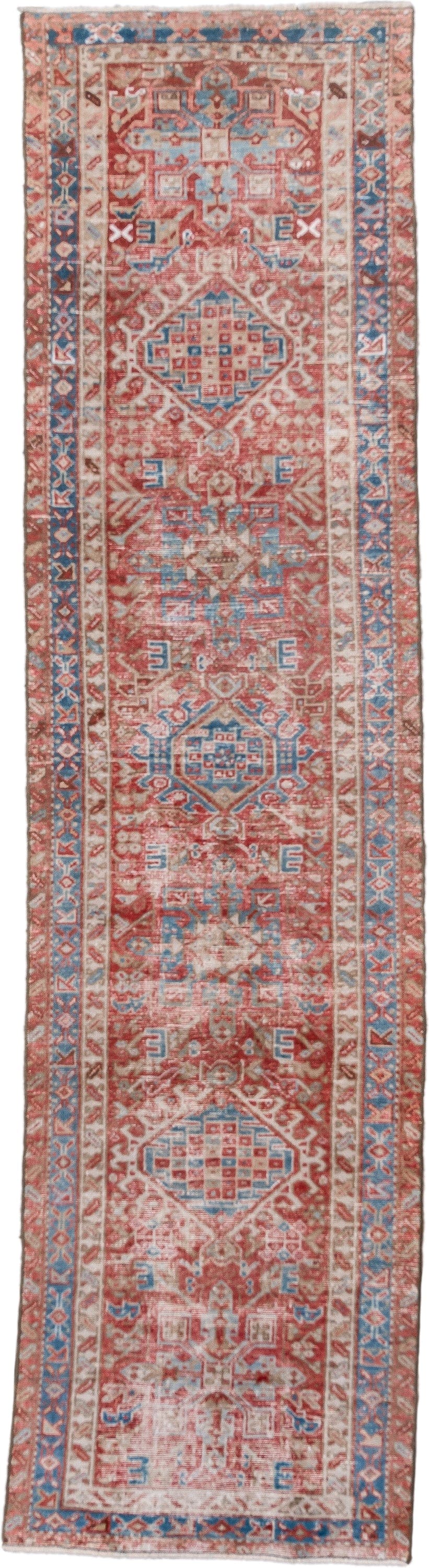 2' x 8' one-of-a-kind handmade vintage Karaje runner rug. Color palette: rust, ivory, sky blue, brick, coral, slate blue